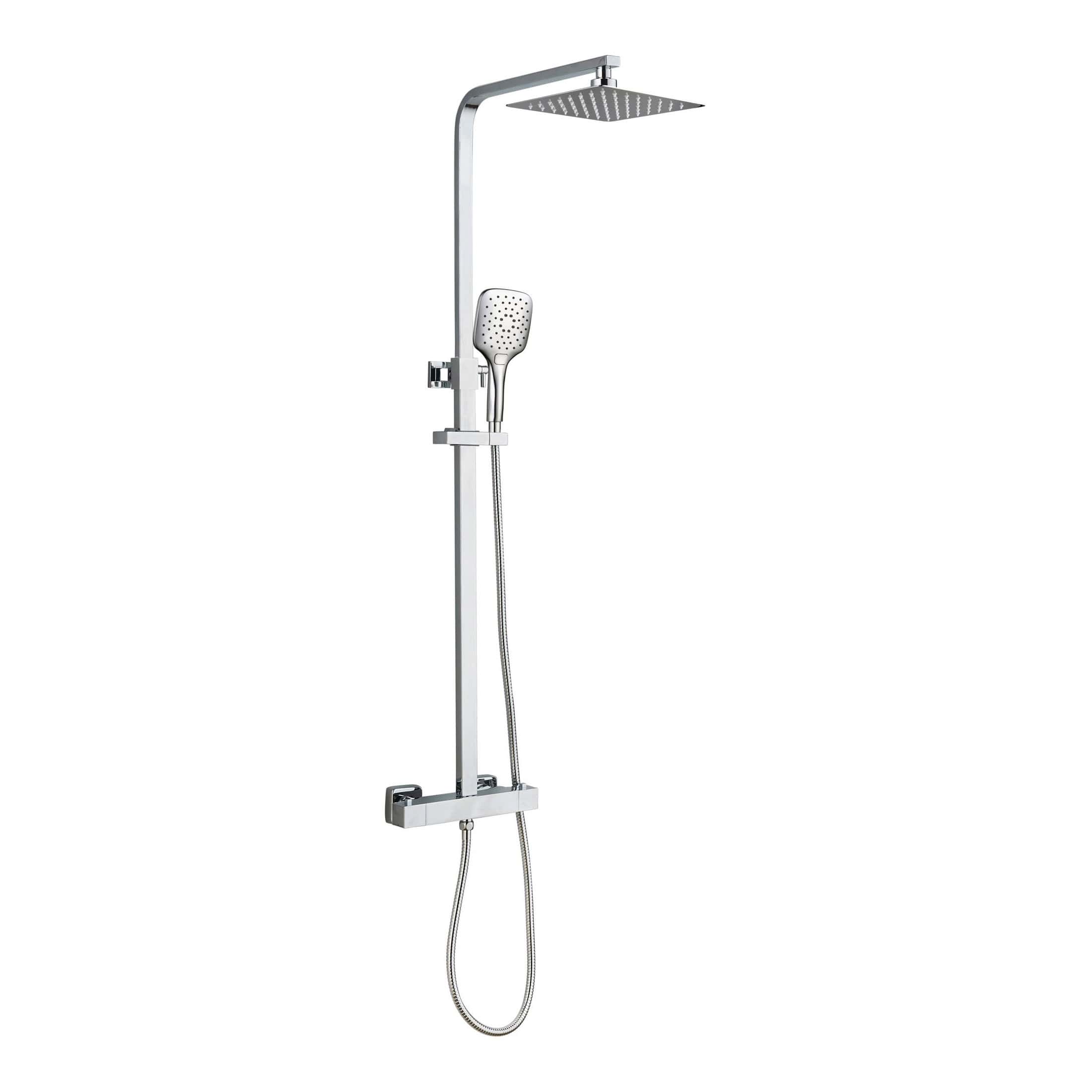 Elegant chrome shower panel with rainfall head, handheld spray, and adjustable height for a modern and luxurious bathroom experience. Perfect for contemporary Bubly bathrooms.