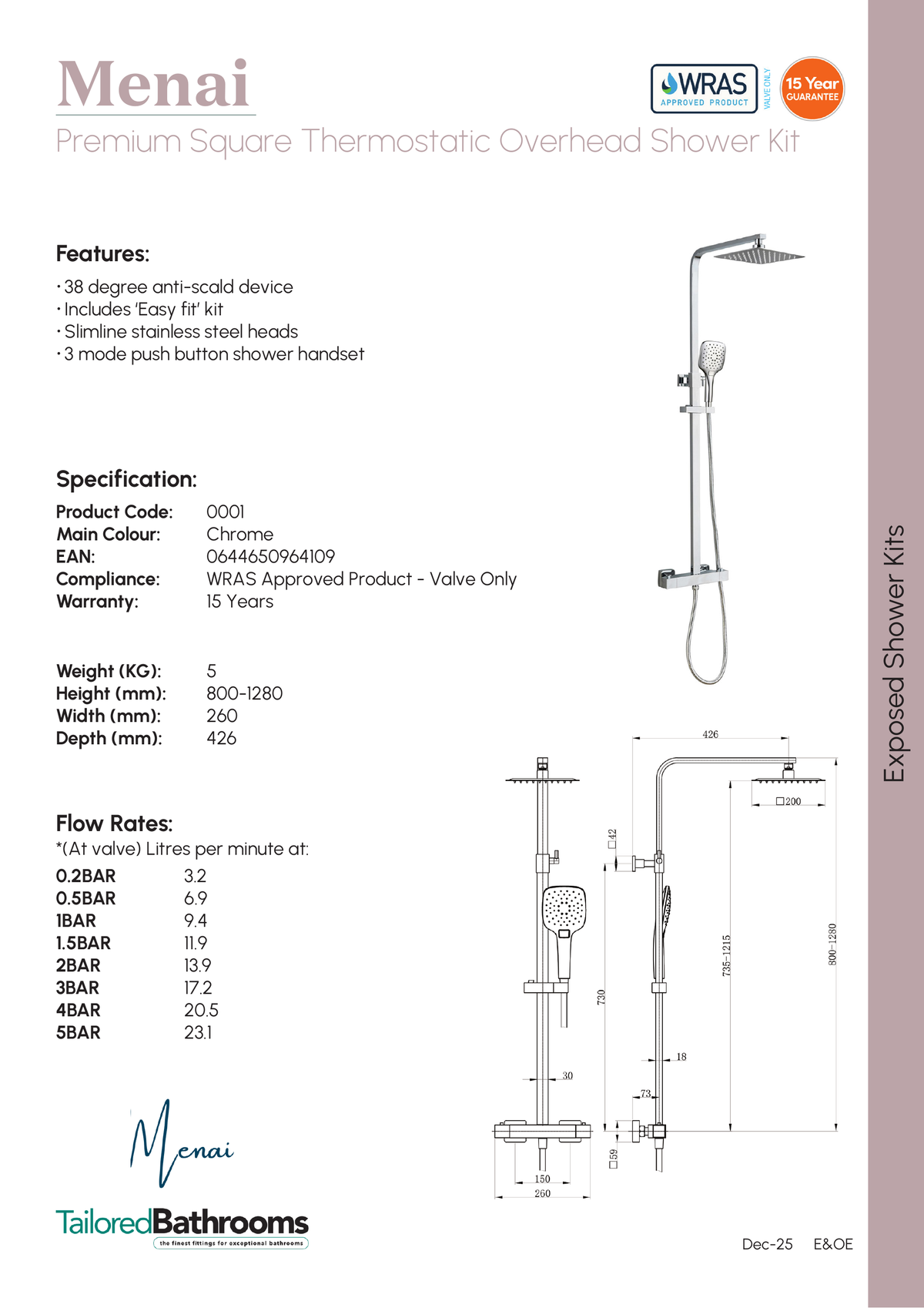 Tailored Menai Premium Square 2 Outlet Thermostatic Exposed Shower Kit - specification sheet with technical drawing and dimensions