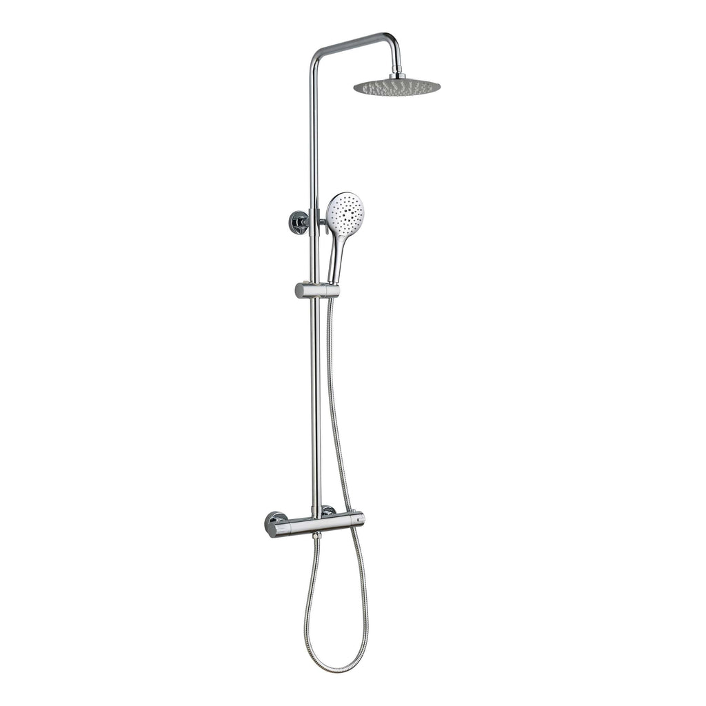 Shower system with overhead rainfall showerhead and handheld shower options, chrome finish, modern design for luxury bathrooms.