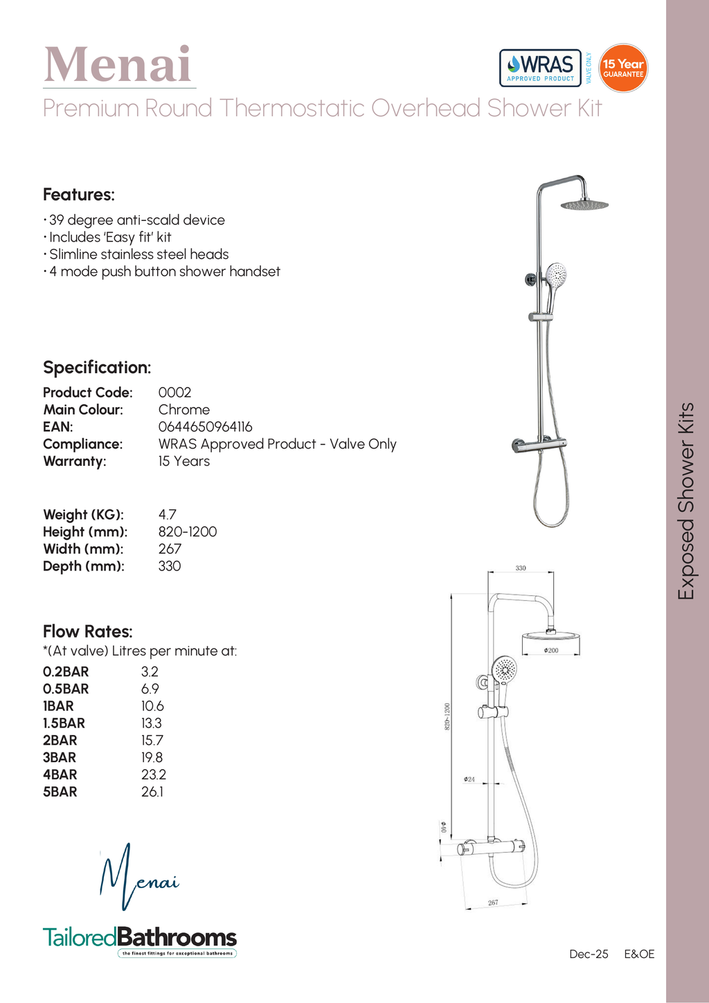 Tailored Menai Premium Round 2 Outlet Thermostatic Exposed Shower Kit - specification sheet with technical drawing and dimensions