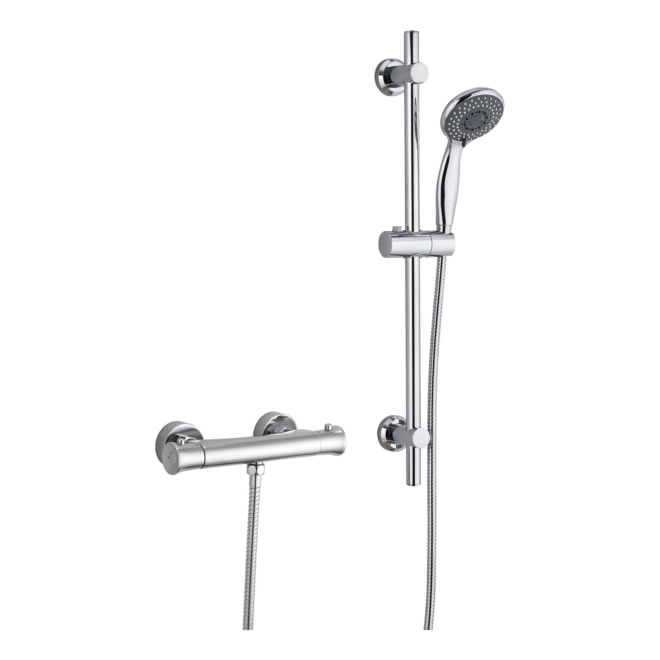 Shower head and bar set for modern bathroom, chrome finish, easy installation, compatible with Bubly Bathrooms. Perfect for upgrading your shower experience.
