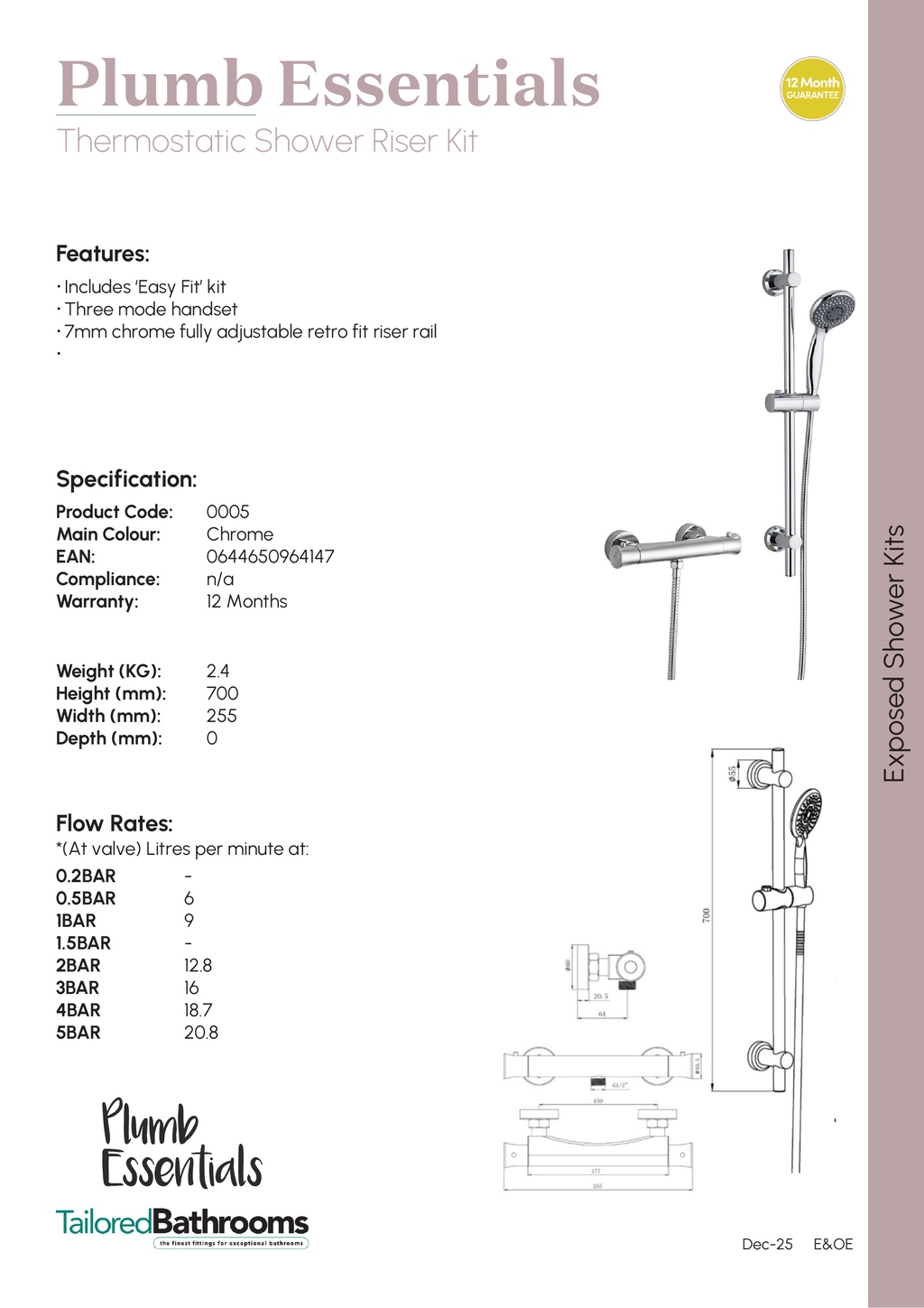 Tailored Plumb Essential 1 Outlet Thermostatic Bar Shower Valve With Riser Kit - Chrome - 5 - specification sheet with technical drawing and dimensions