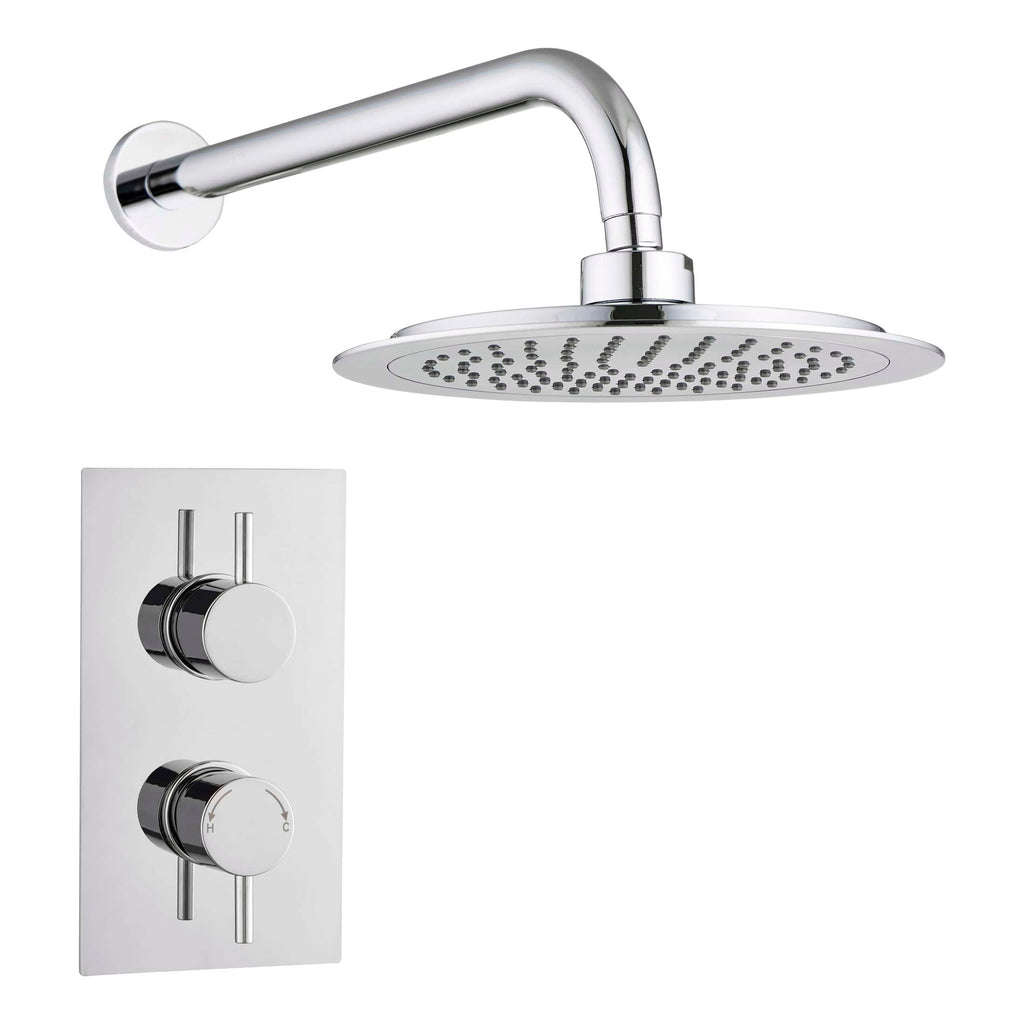 Shiny chrome rainfall showerhead with adjustable thermostatic control for modern bathrooms. Ideal for luxury showering experience, available at Bubly Bathrooms UK.