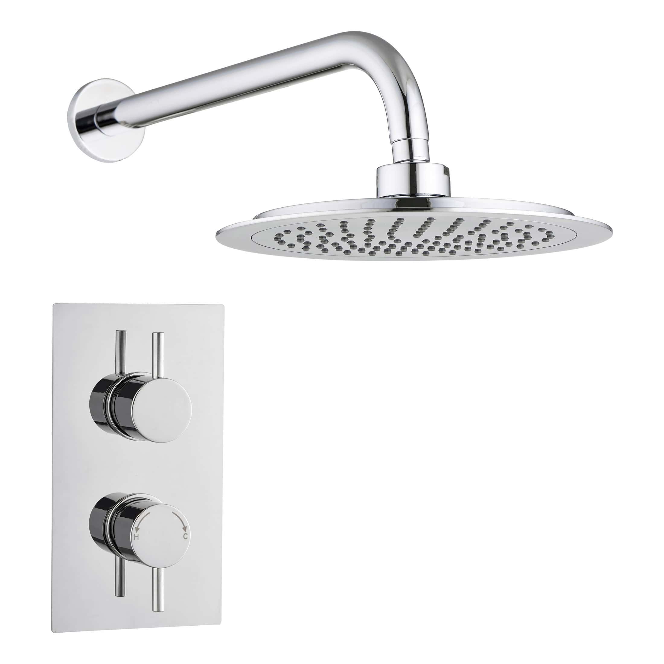 Shiny chrome rainfall showerhead with adjustable thermostatic control for modern bathrooms. Ideal for luxury showering experience, available at Bubly Bathrooms UK.