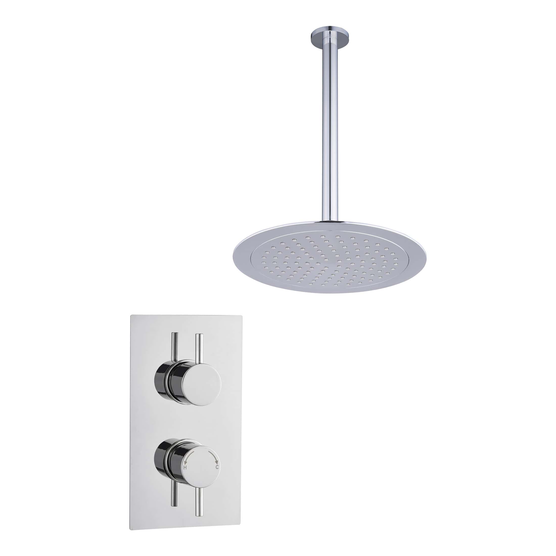 Elegant chrome rainfall showerhead with a sleek thermostatic control panel, perfect for modern bathrooms and luxury shower systems.