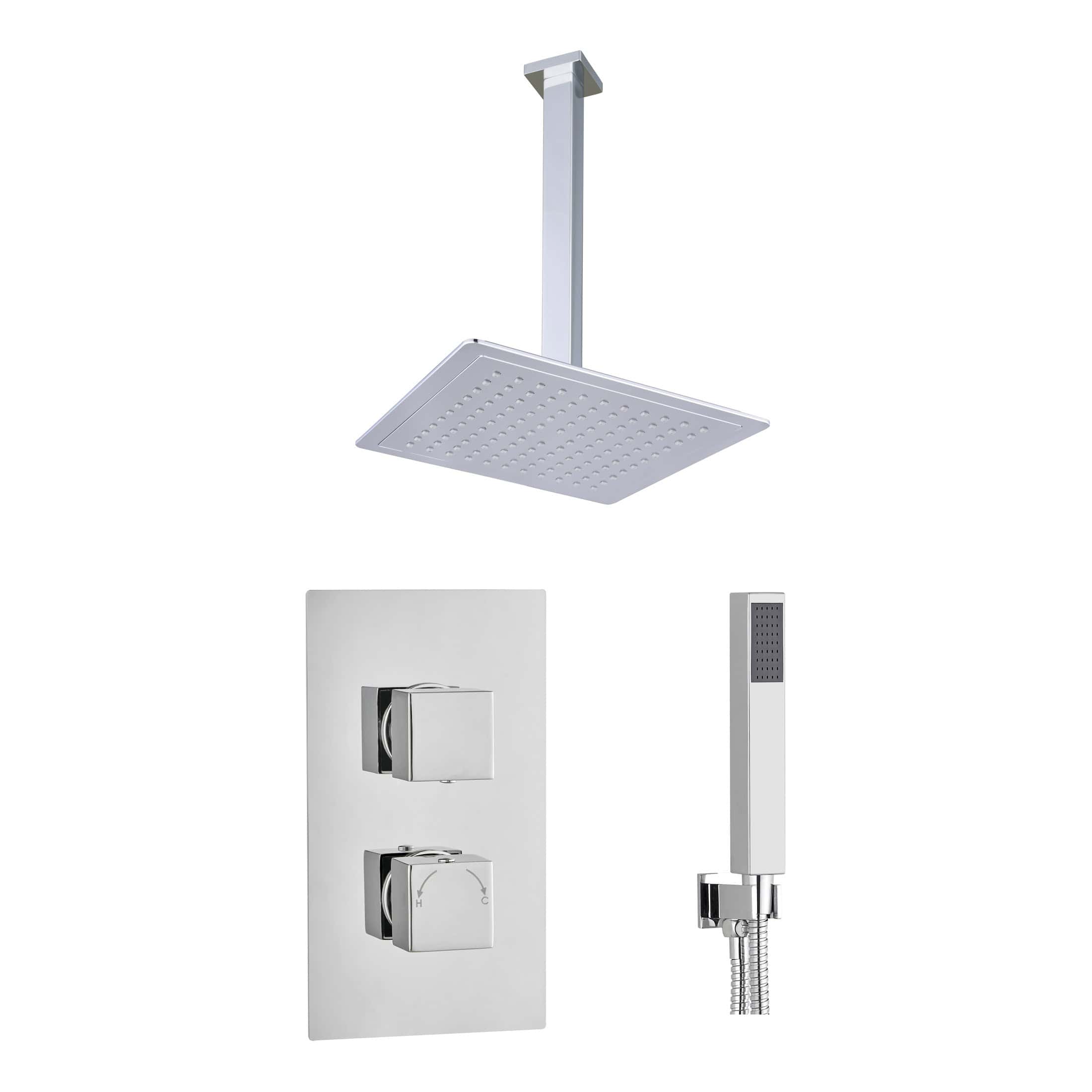 Elegant modern shower panel with a rainfall shower head, handheld shower, and temperature controls, ideal for luxury bathroom upgrades.