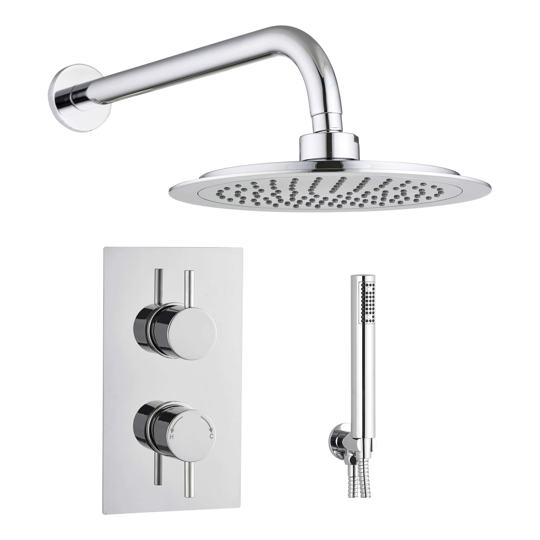 Sleek chrome shower system with rain shower head, handheld shower, and modern control panel for luxurious bathroom upgrades.