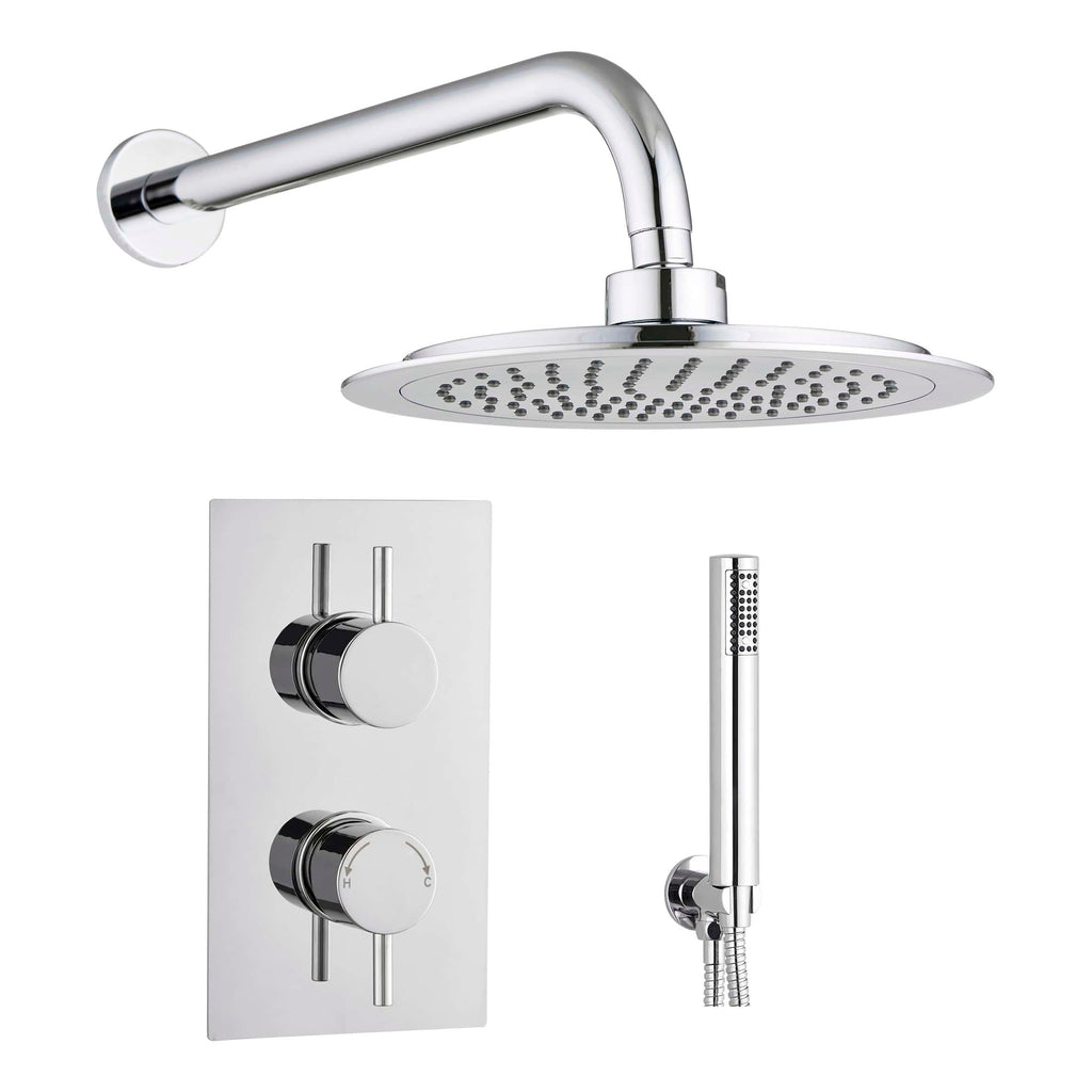 Sleek chrome shower system with rain shower head, handheld shower, and modern control panel for luxurious bathroom upgrades.