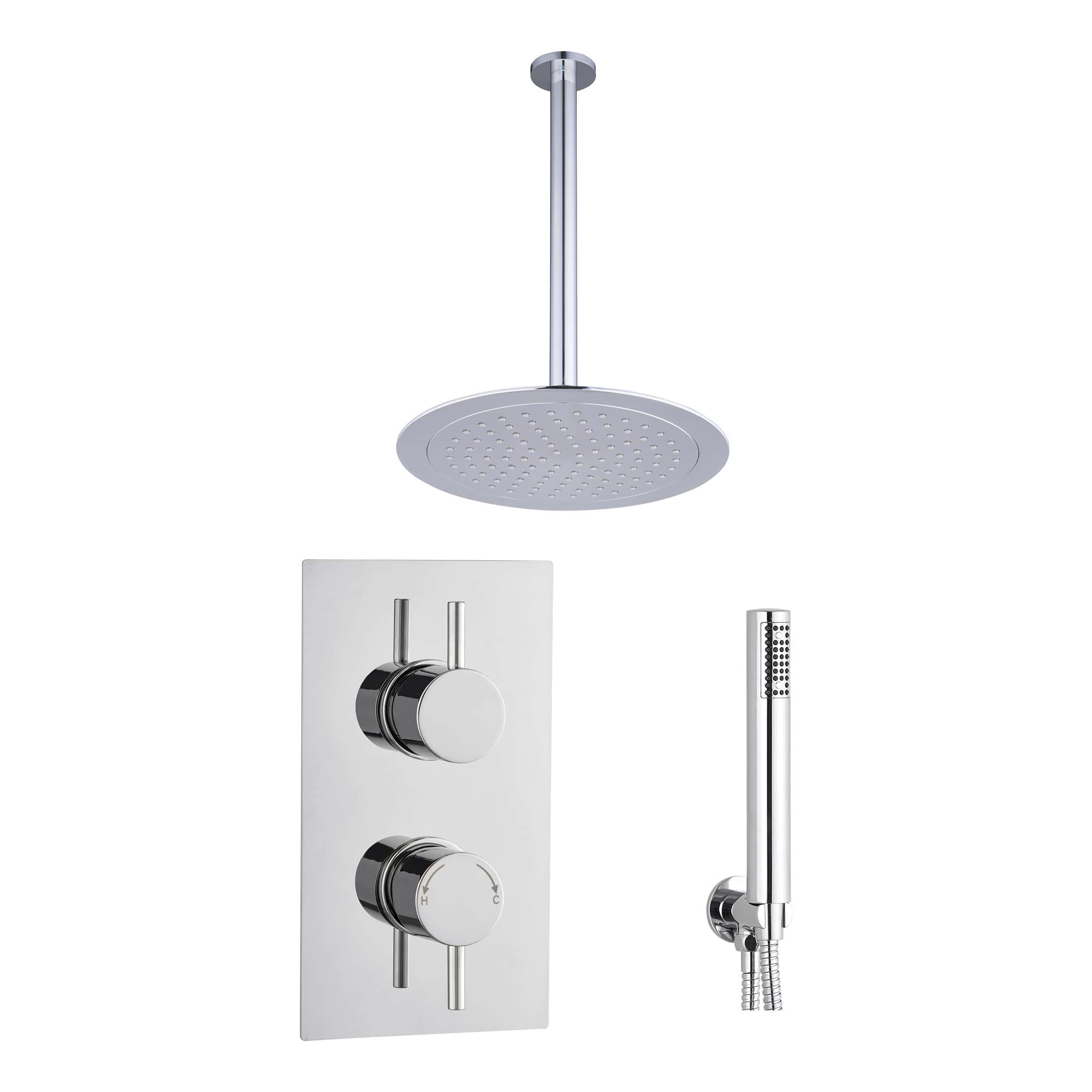 Modern chrome shower with rain shower head, thermostatic control panel and handheld shower for luxurious bathroom upgrade.
