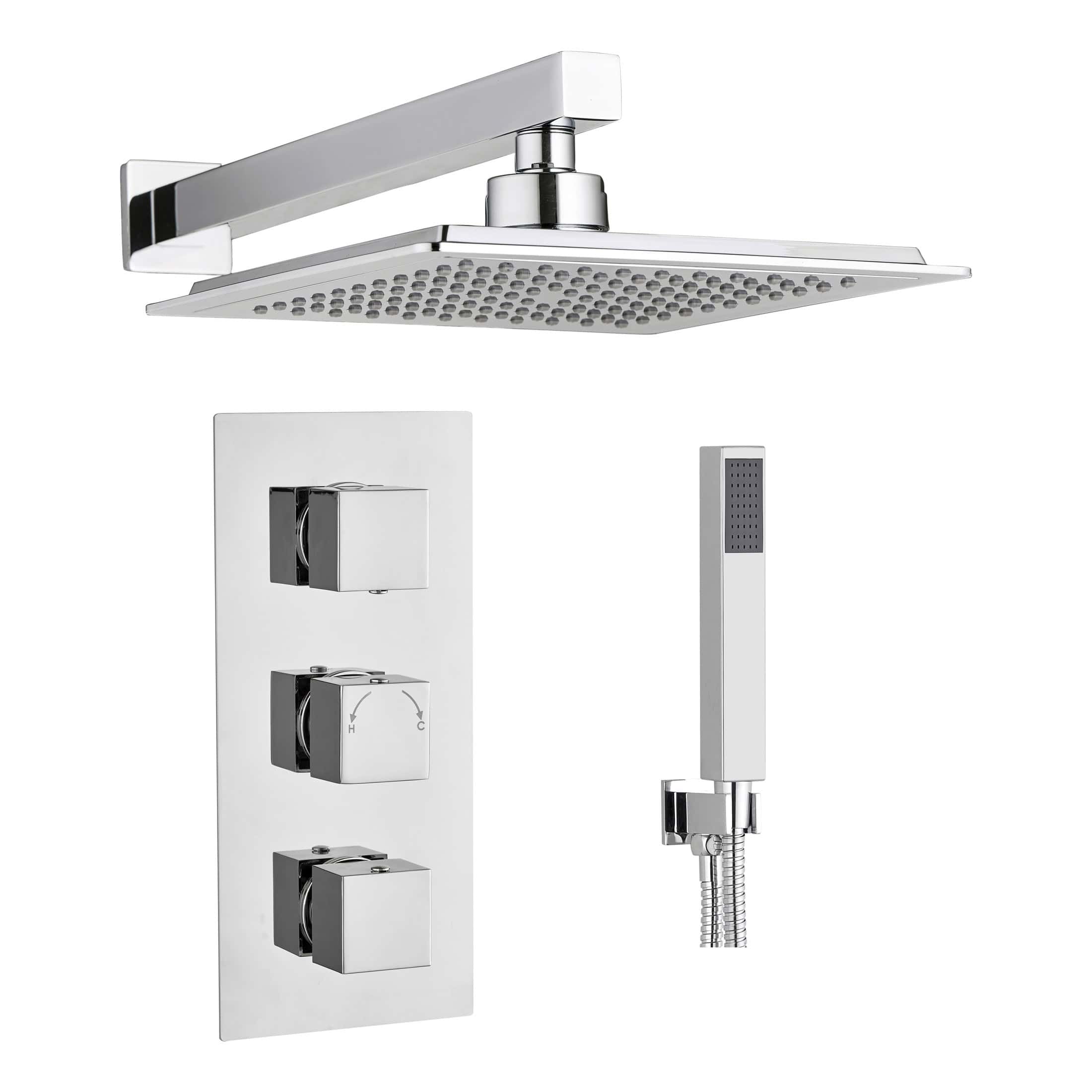 Chrome shower panel with rain shower head, handheld shower, and temperature controls, modern bathroom fixture for a luxurious shower experience.