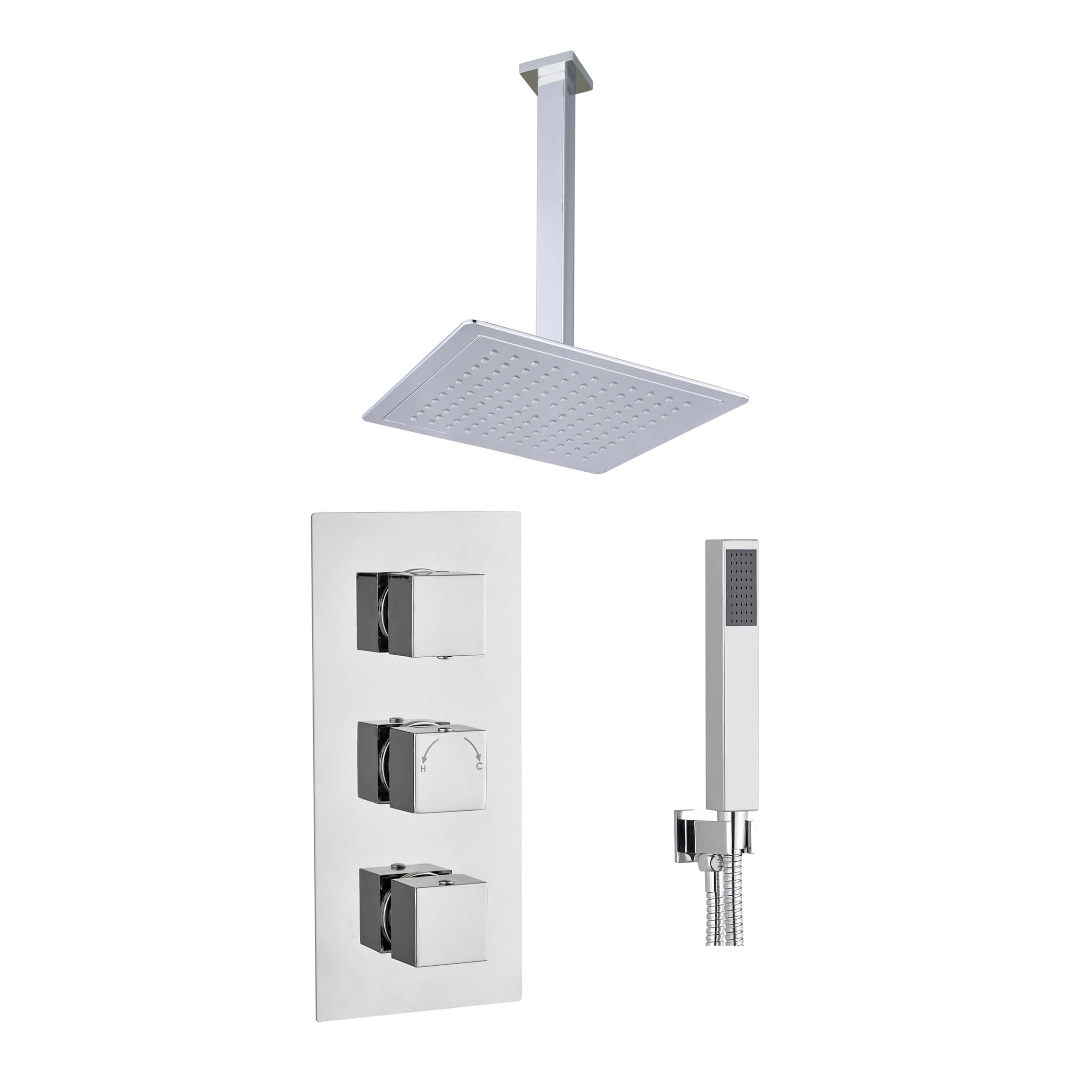 Shower panel with rainfall and handheld showerhead for modern bathroom interiors.