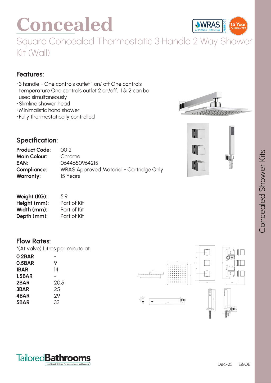 Tailored Square 2 Outlet 3 Handel Thermostatic Concealed Shower Valve With Wall Kit - Chrome - specification sheet with technical drawing and dimensions