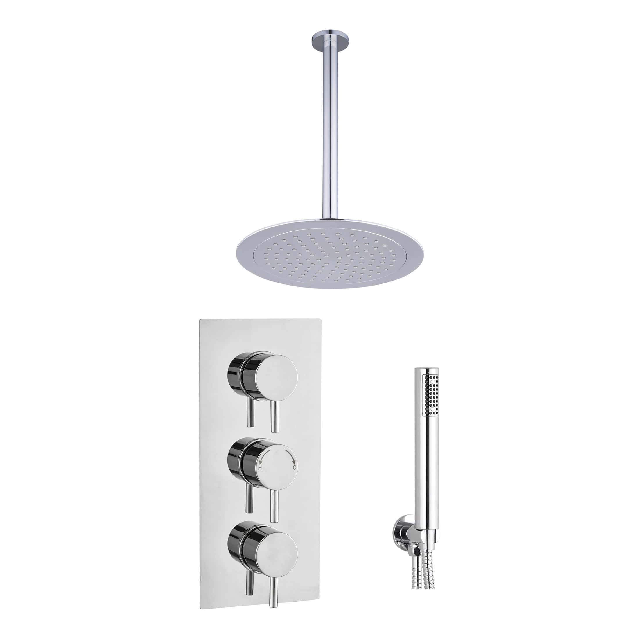 Sleek chrome shower system with overhead rain shower, thermostatic controls, and hand-held shower head, ideal for luxury bathroom remodels and modern wet room designs.