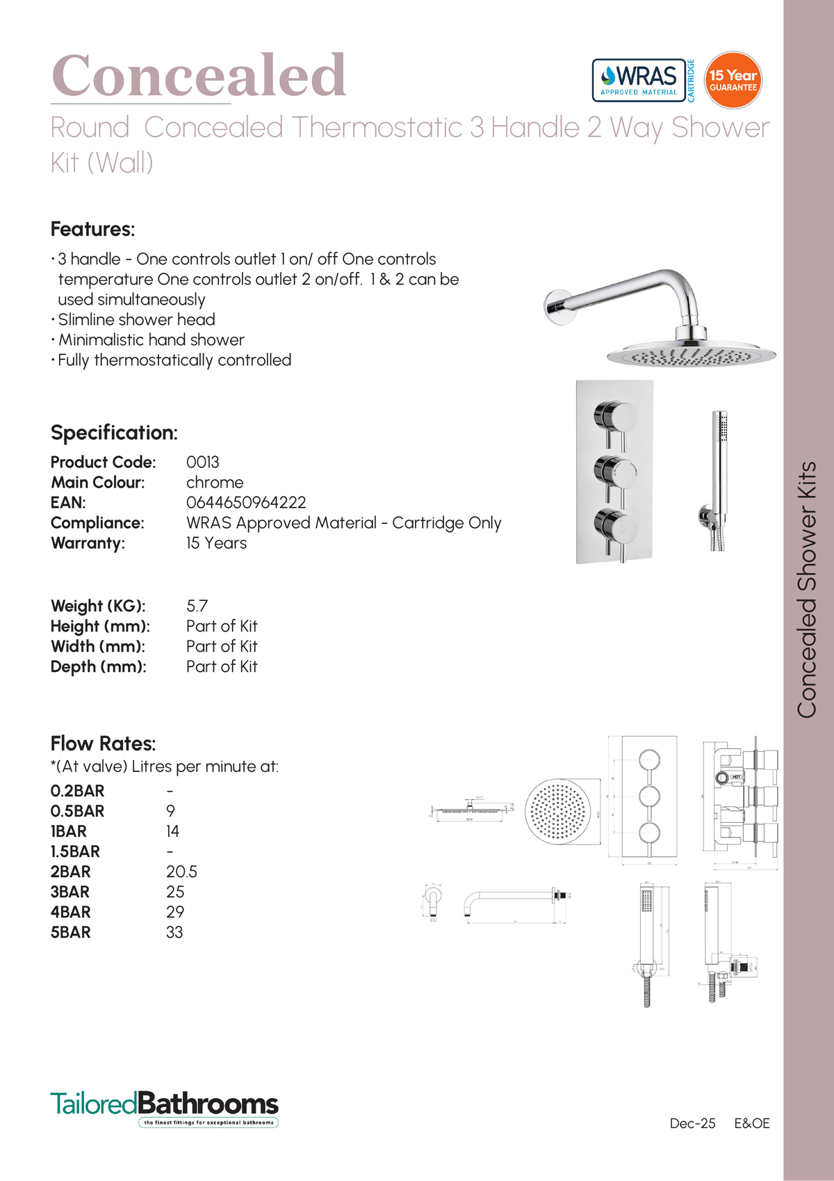 Tailored Round 2 Outlet 3 Handel Thermostatic Concealed Shower Valve With Wall Shower Kit - Chrome - 13 - specification sheet with technical drawing and dimensions
