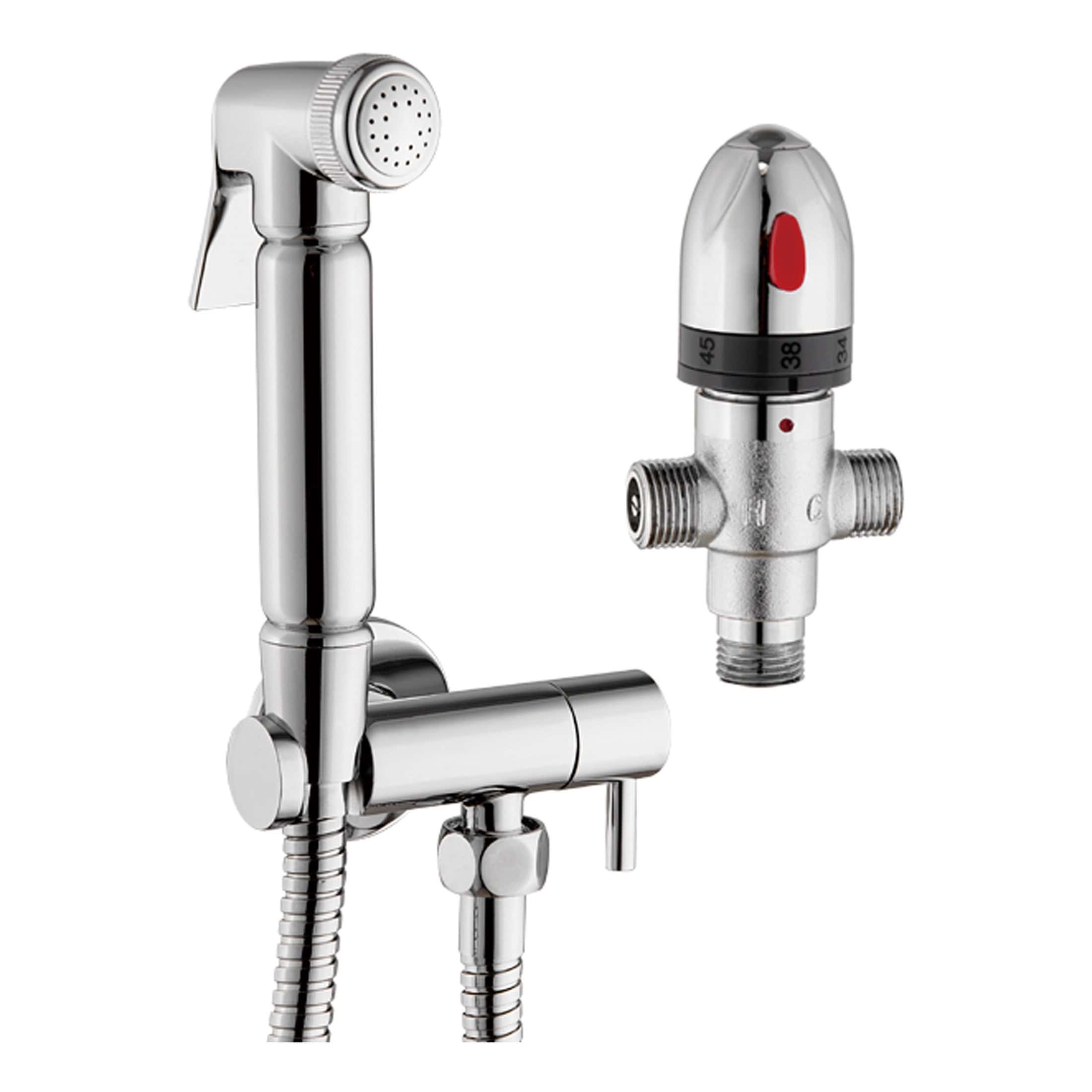 Polished chrome bathroom tap with flexible hose and shower head for modern bathrooms, featuring easy-to-use temperature control and durable design. Ideal for enhancing bathroom functionality and style.