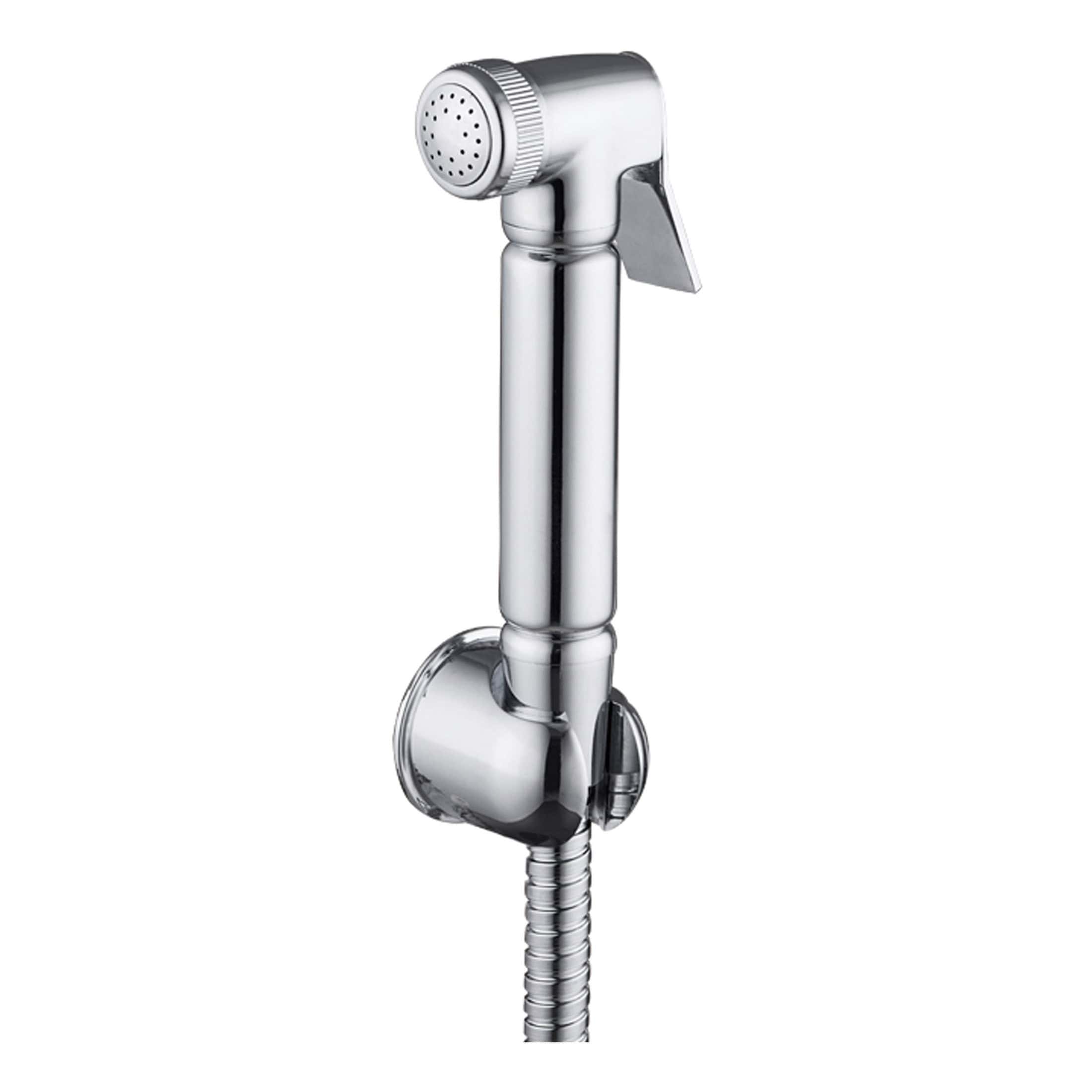 Shower handset with flexible hose and chrome finish, ideal for modern bathroom installations and efficient water flow.
