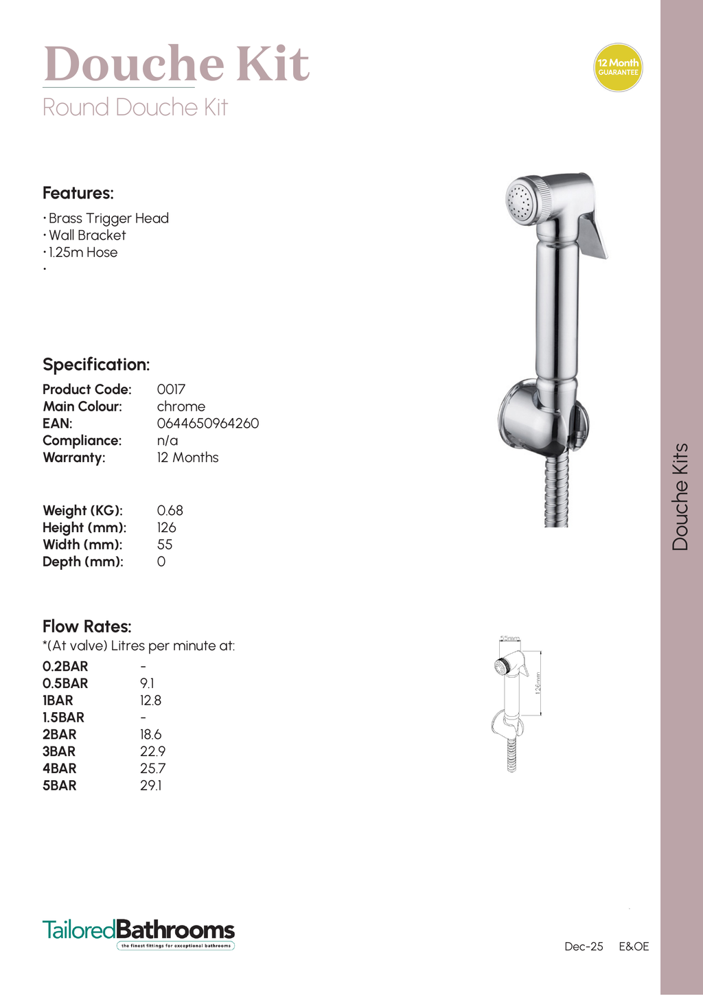 Tailored Round Douche Kit - specification sheet with technical drawing and dimensions