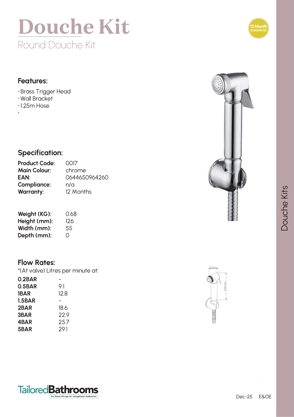 Tailored Round Douche Kit - specification sheet with technical drawing and dimensions