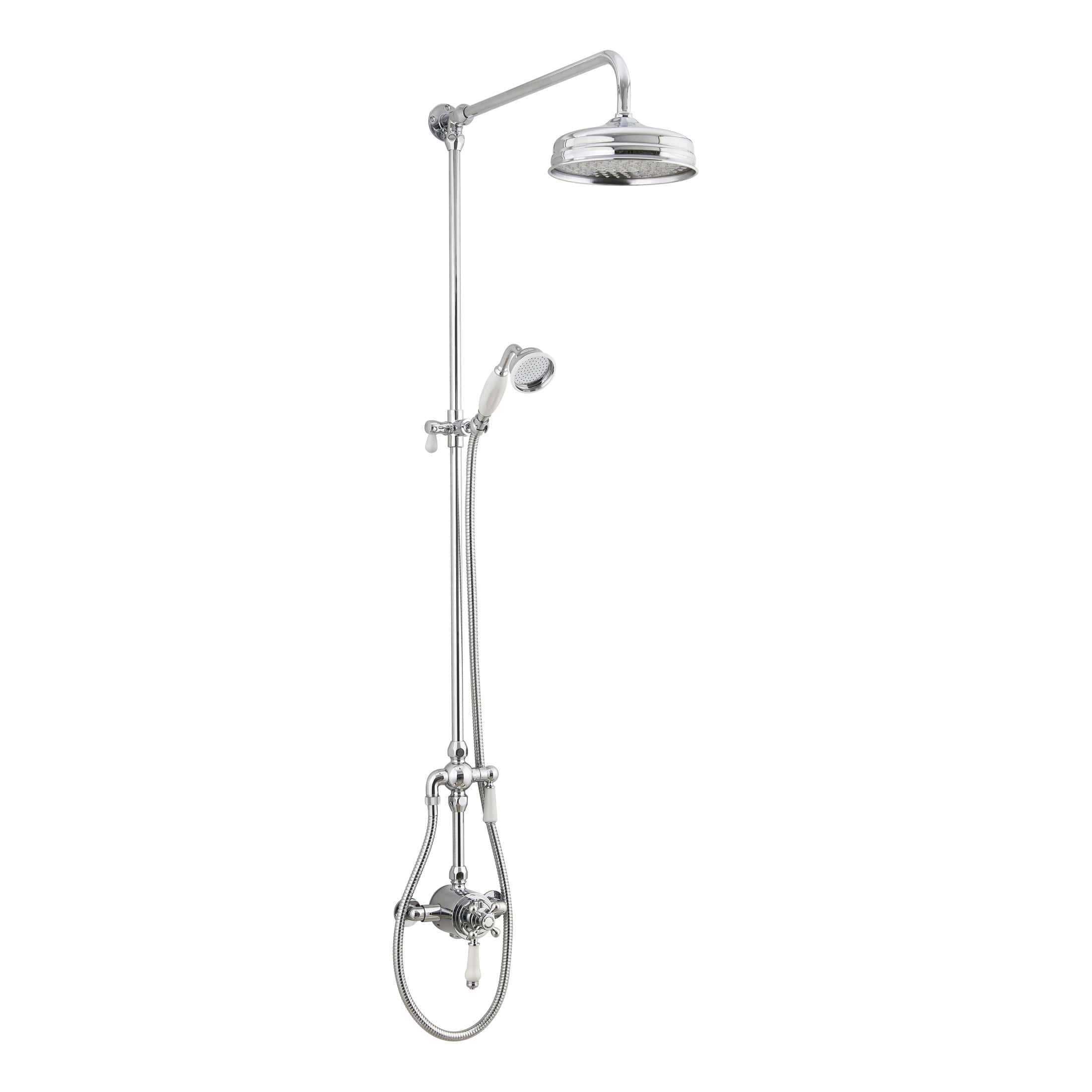 Chrome vintage-style shower system with overhead and handheld showerheads, perfect for elegant bathroom upgrades.
