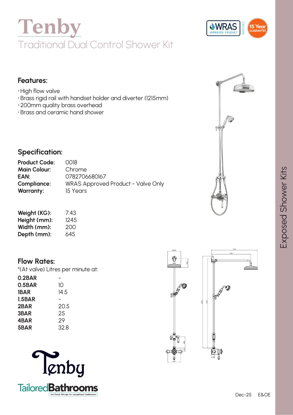 Tailored Tenby  Traditional 2 Outlet Exposed Shower Kit - Chrome - specification sheet with technical drawing and dimensions