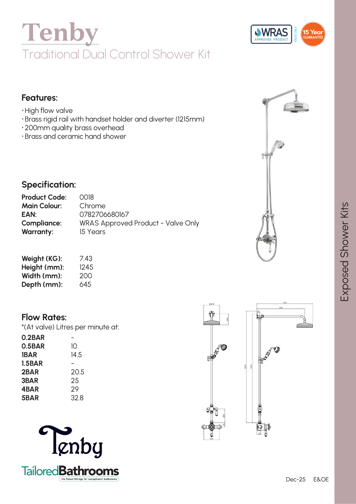 Tailored Tenby  Traditional 2 Outlet Exposed Shower Kit - Chrome - specification sheet with technical drawing and dimensions