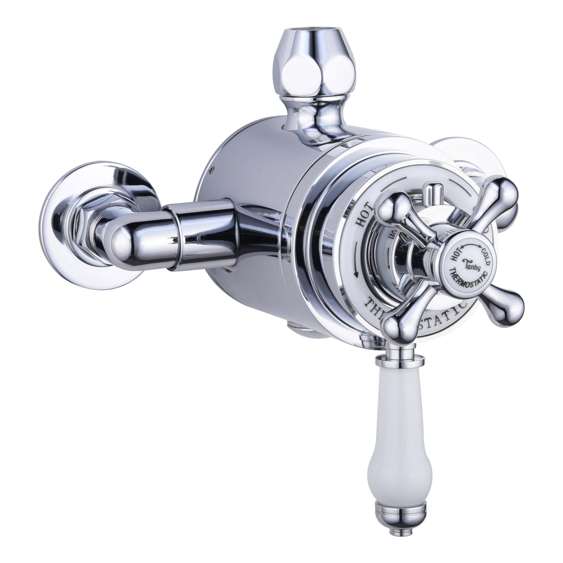 Chrome bathroom tap with vintage design, cross handles, and thermosta tic control, ideal for traditional and contemporary bathroom fixtures.