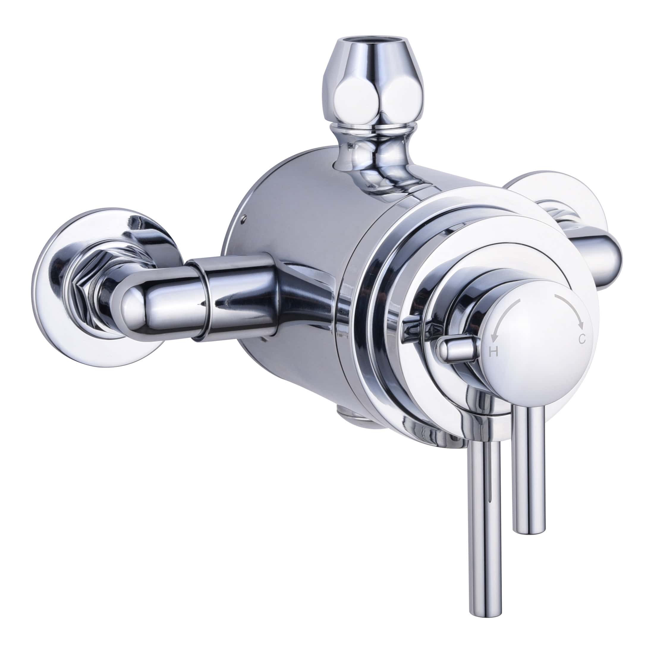 Chrome bathroom thermostatic shower valve with adjustable temperature control and dual outlet options. Perfect for modern, stylish, and functional bathroom renovation projects.