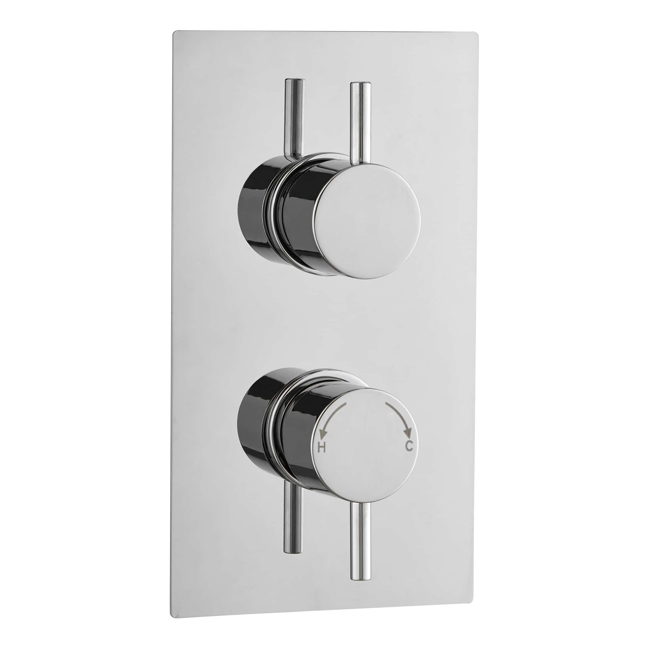 Sleek modern thermostatic shower valve with chrome finish, designed for luxury bathroom installations. Provides precise control of water temperature and flow for a comfortable shower experience.