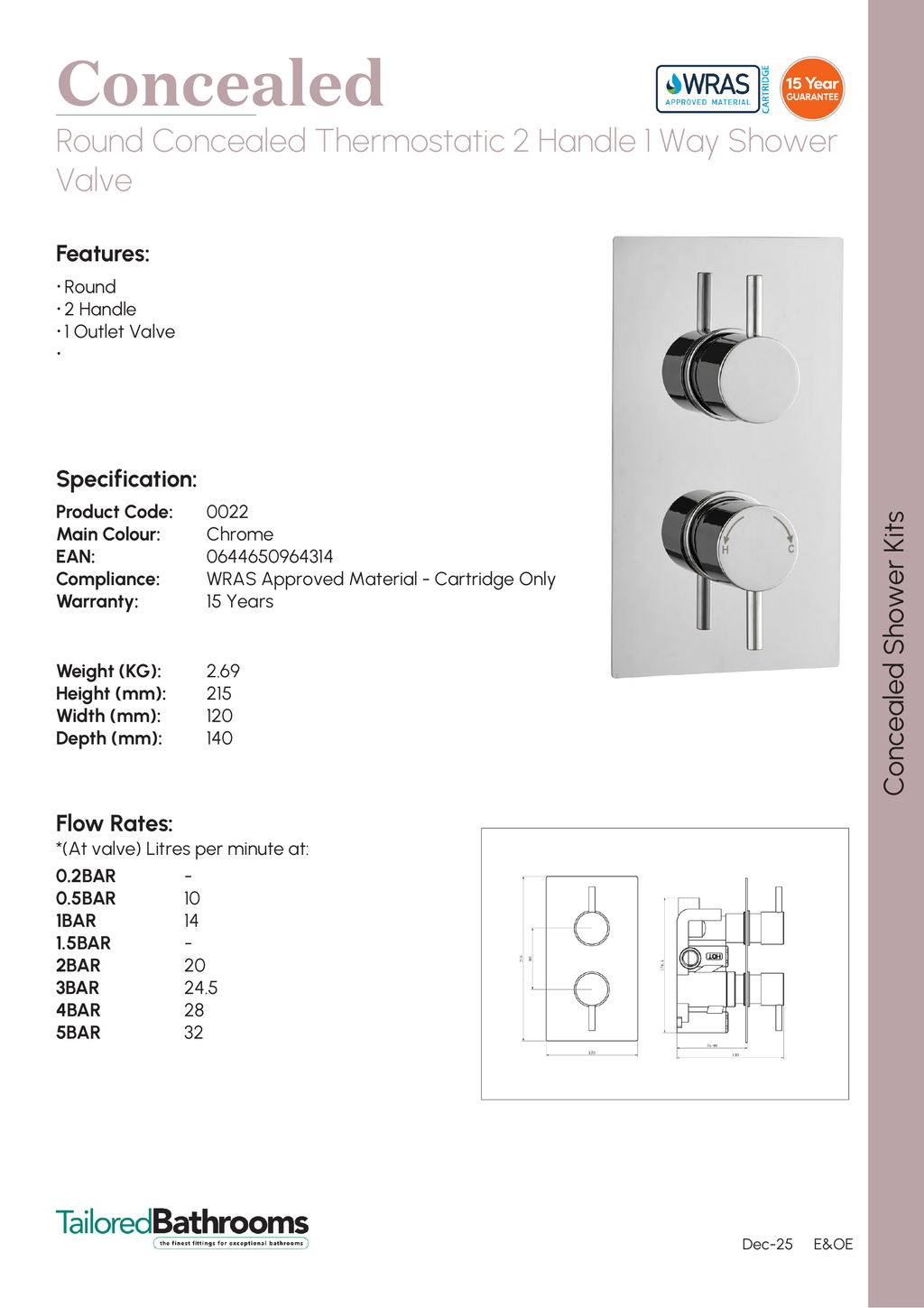Tailored Round 1 Outlet 2 Handel Thermostatic Concealed Shower Valve - Chrome - 22 - specification sheet with technical drawing and dimensions