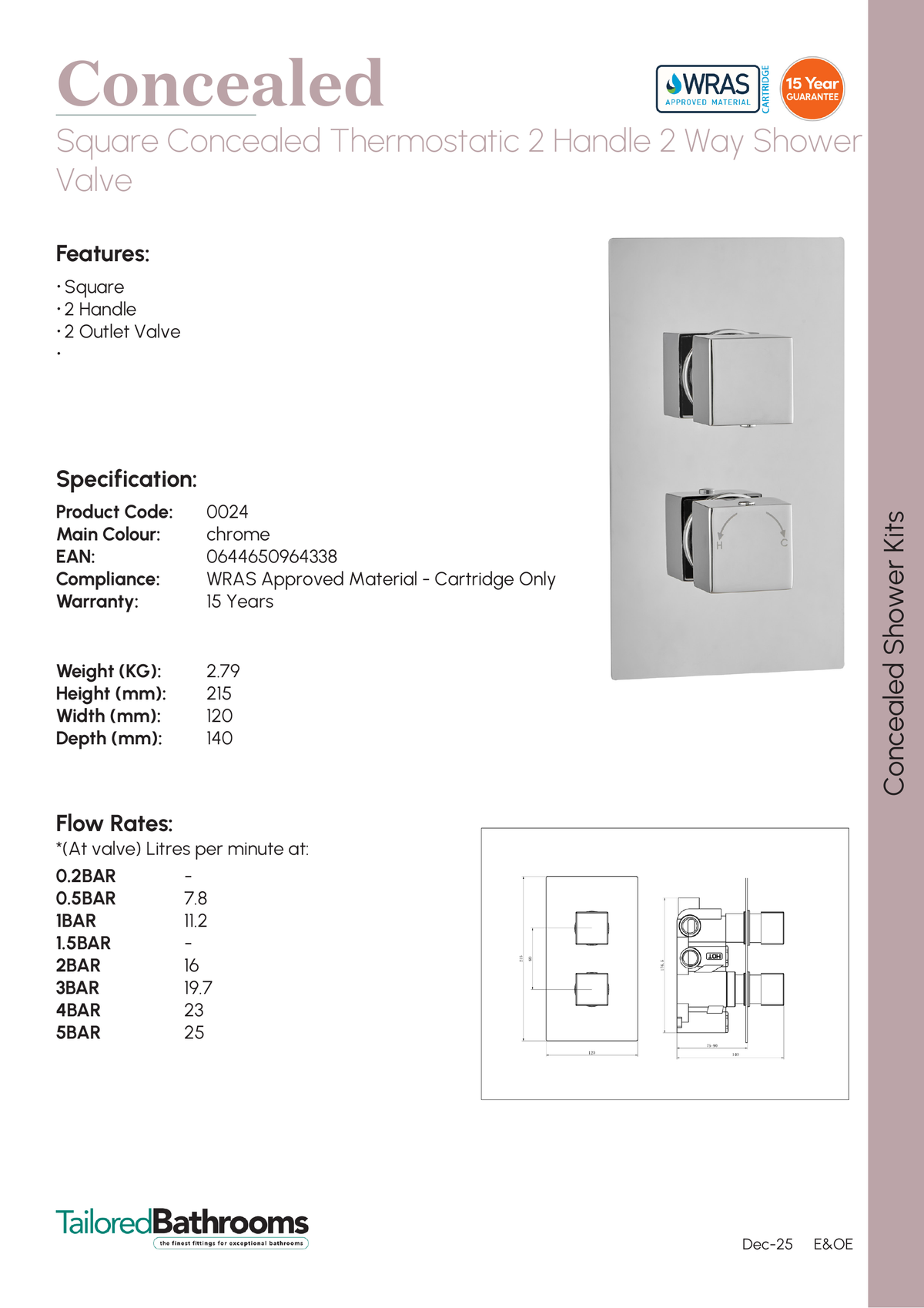 Tailored Square 2 Outlet 2 Handel Thermostatic Concealed Shower Valve - Chrome - specification sheet with technical drawing and dimensions