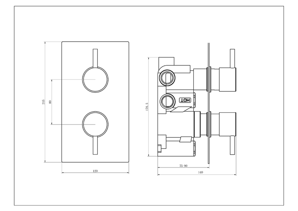 Tailored Round 2 Outlet 2 Handel Thermostatic Concealed Shower Valve - Chrome - technical drawing with dimensions