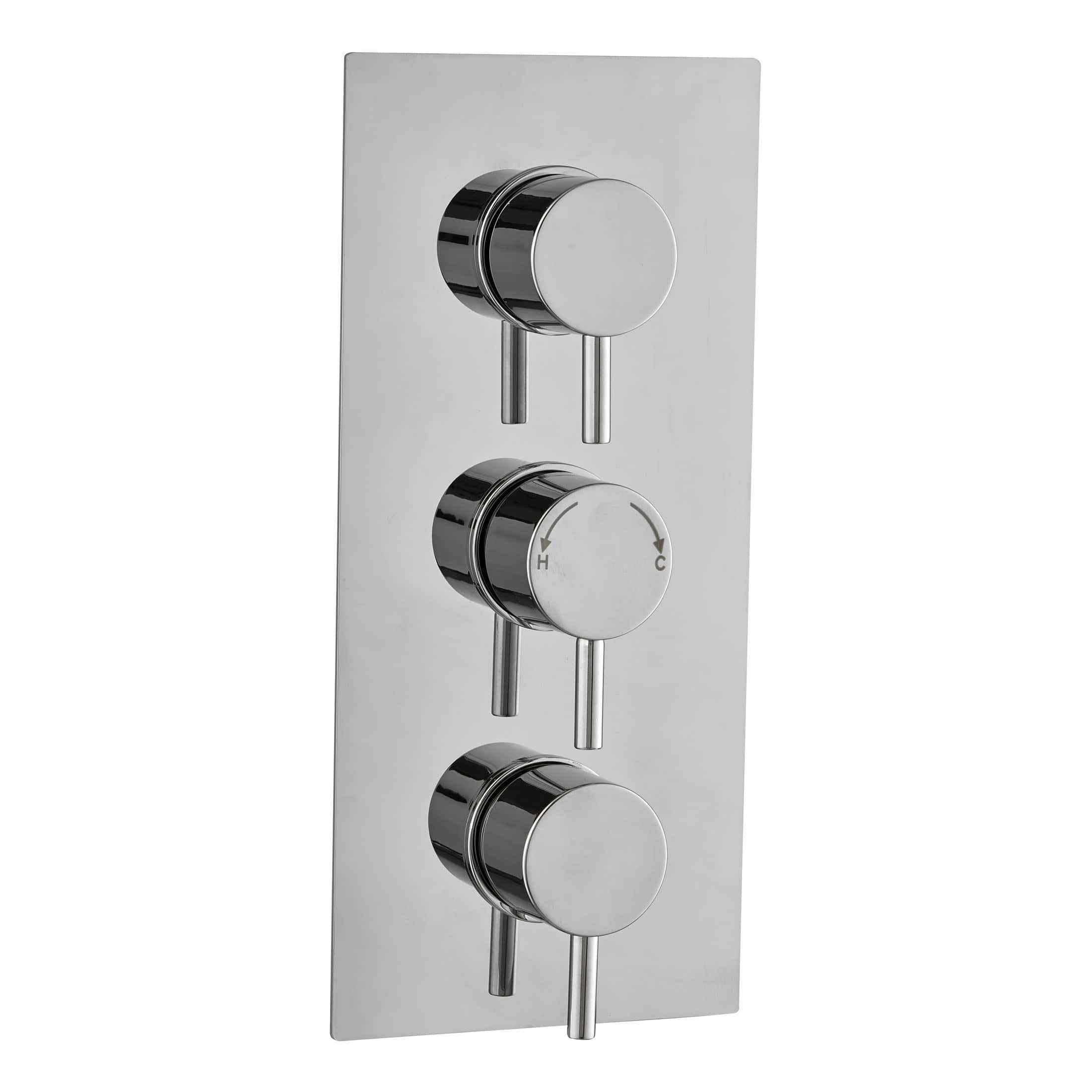 Chrome thermostatic shower control panel with three dials for precise temperature and flow adjustment – ideal for modern bathroom upgrades.