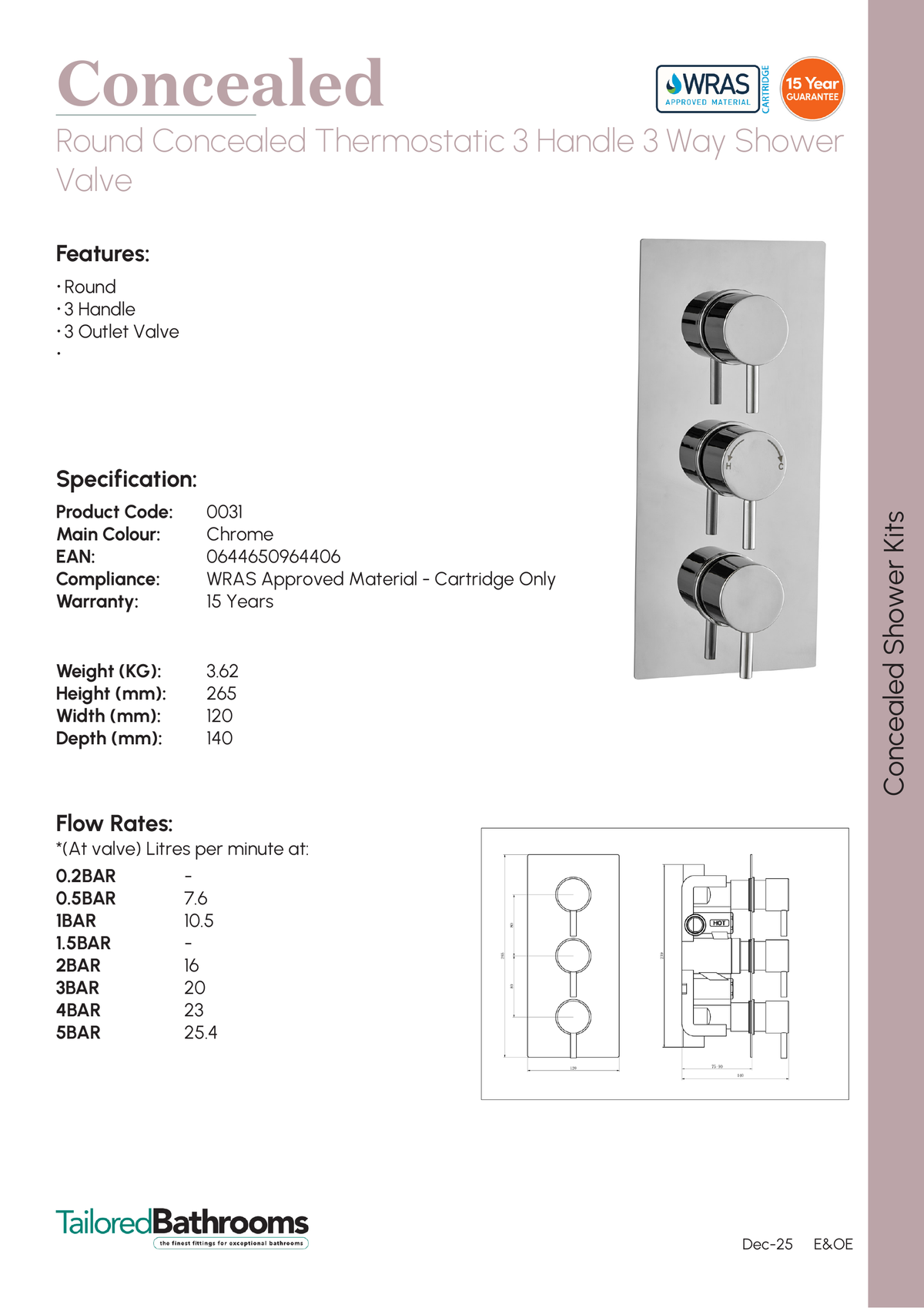 Tailored Round 3 Outlet 3 Handel Thermostatic Concealed Shower Valve - Chrome - specification sheet with technical drawing and dimensions