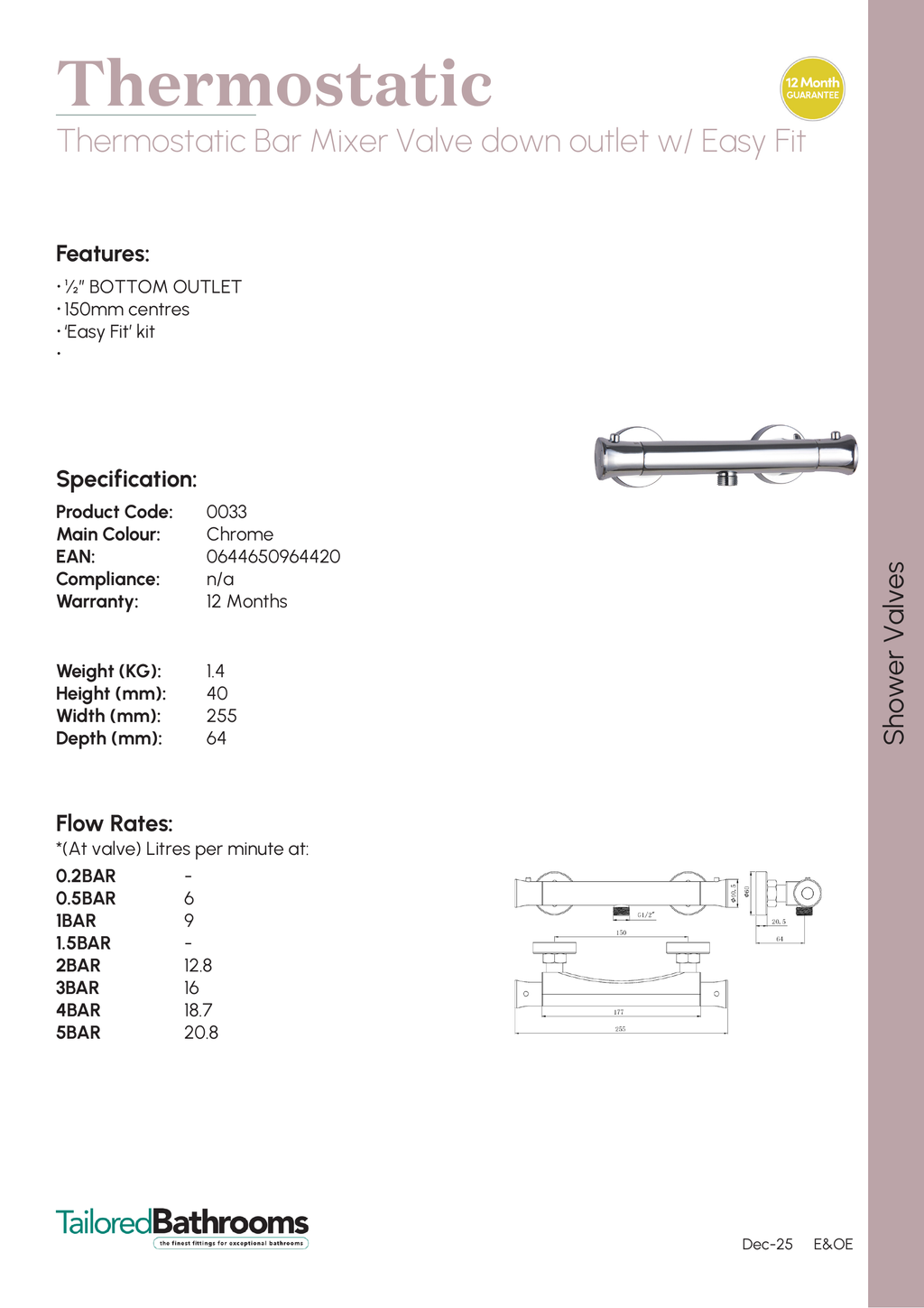 Tailored 1/2? Bottom 1 Outlet Thermostatic Bar Shower Valve With Easy Fit - Chrome - 33 - specification sheet with technical drawing and dimensions