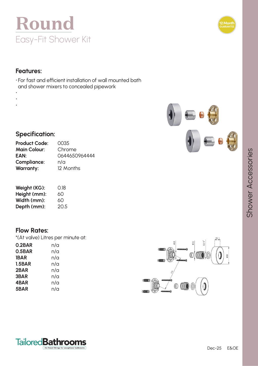 Tailored Round Easy-Fit Shower Kit - Chrome - 35 - specification sheet with technical drawing and dimensions