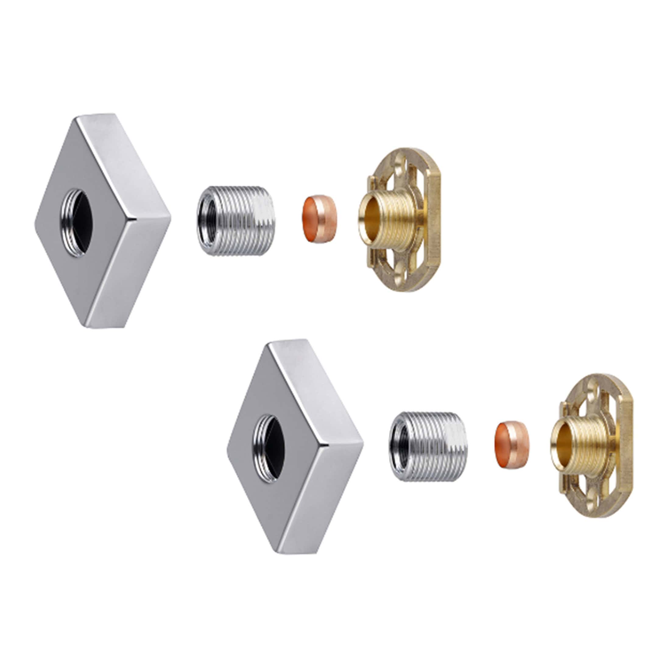 Valve body and parts for Bubly Bathrooms, modern plumbing fittings for bathroom installation. High-quality chrome finish bathroom valve components including connectors and adapters.
