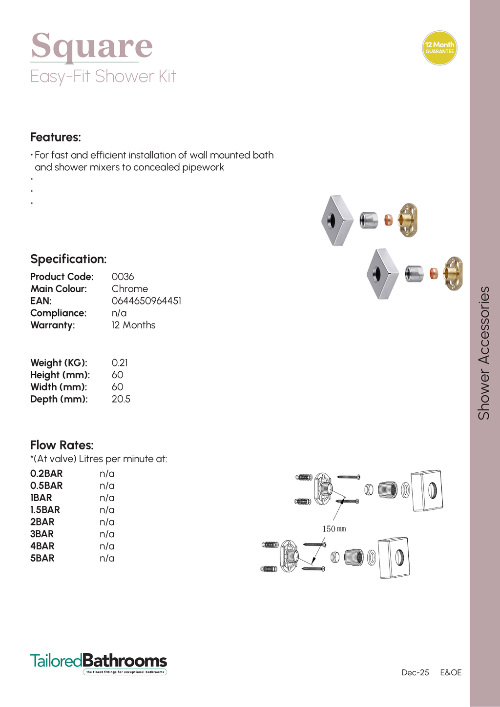 Tailored Square Easy-Fit Shower Kit - Chrome - specification sheet with technical drawing and dimensions