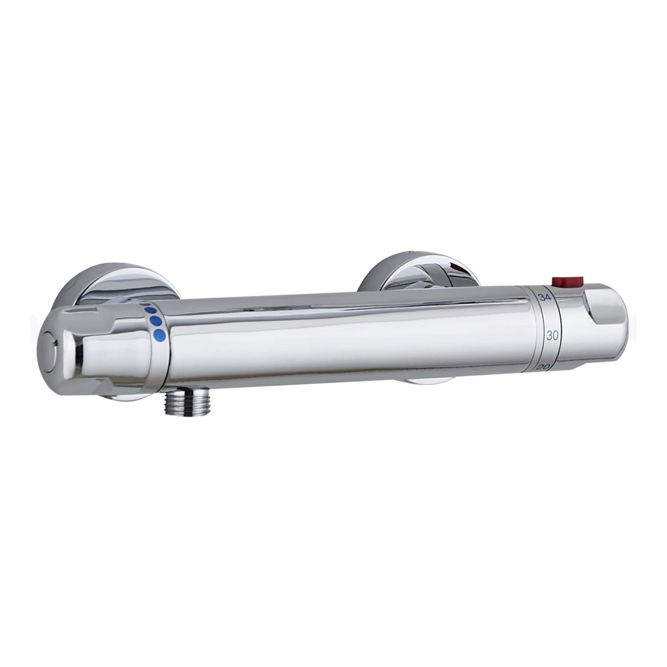 Adjustable chrome thermostatic shower valve for luxury bathroom baths and showers. High-quality plumbing fixture with precise temperature control and modern design.