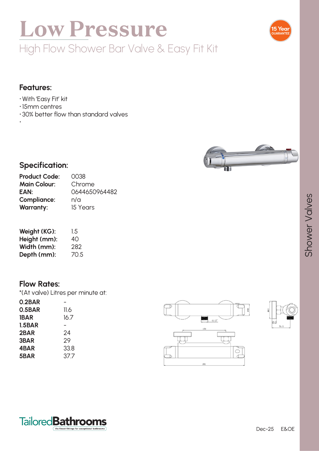 Tailored Low Pressure High Flow 1 Outlet Bar Shower Valve With Easy Fit Kit - Chrome - specification sheet with technical drawing and dimensions