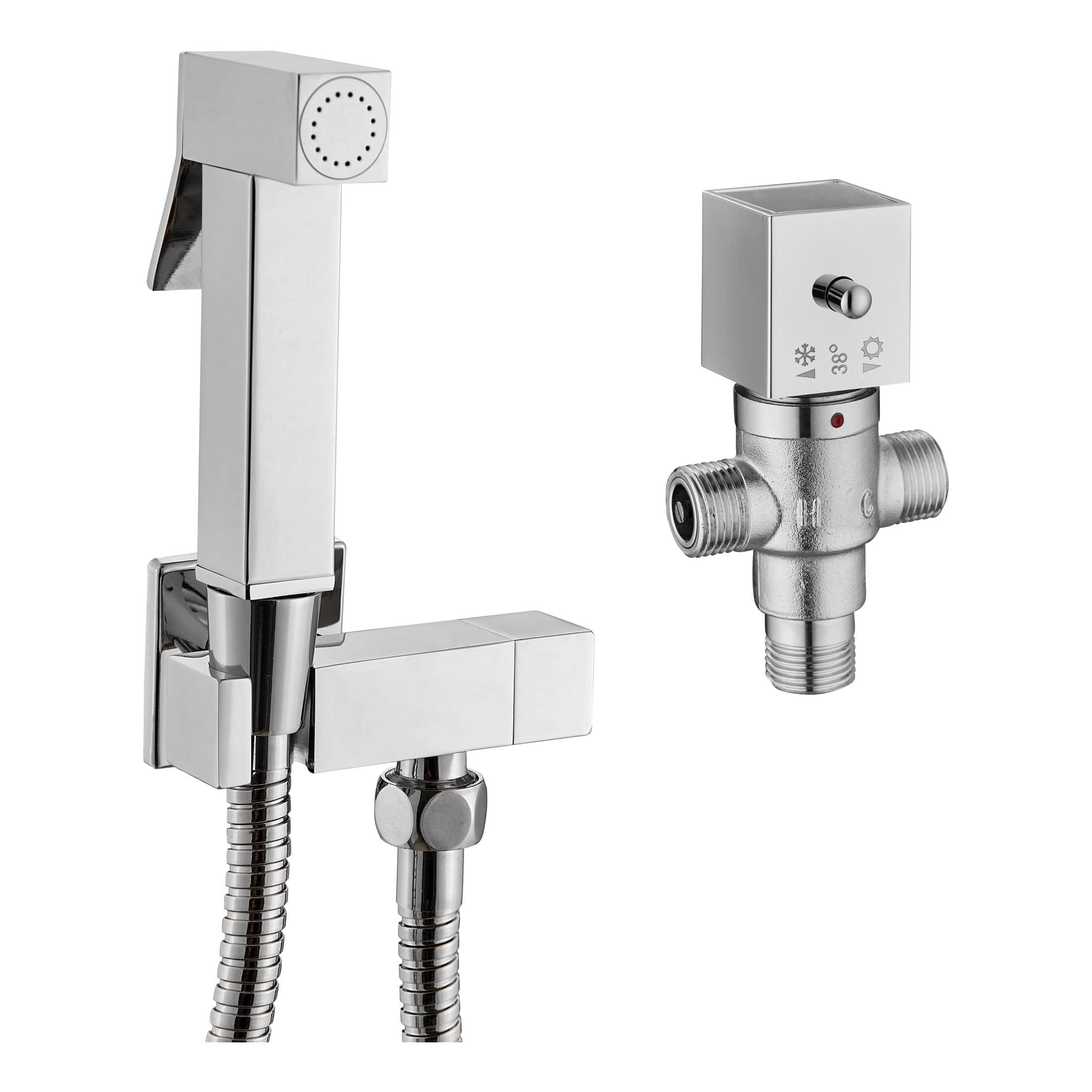 Shiny chrome bathroom faucet and thermostatic mixing valve for modern bathroom plumbing and water control. Ideal for high-quality bathroom installations and water temperature regulation.