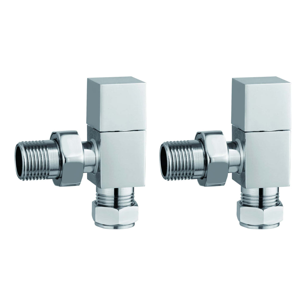 Brass radiator valves with chrome finish for bathroom heating systems, ideal for modern bathroom radiator installations. Durable and easy to install for a sleek, functional look.