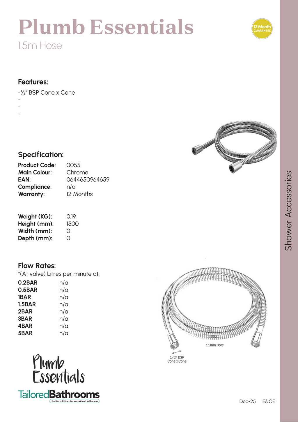 Tailored Plumb Essentials Shower Hose - Chrome - specification sheet with technical drawing and dimensions