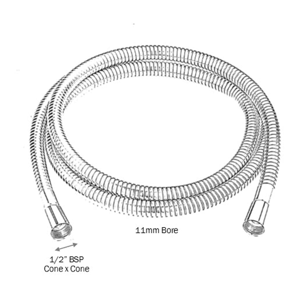 Flexible stainless steel shower hose for bathroom fixtures, featuring 11mm bore and 1/2" BSP connectors, ideal for durable and reliable shower plumbing.