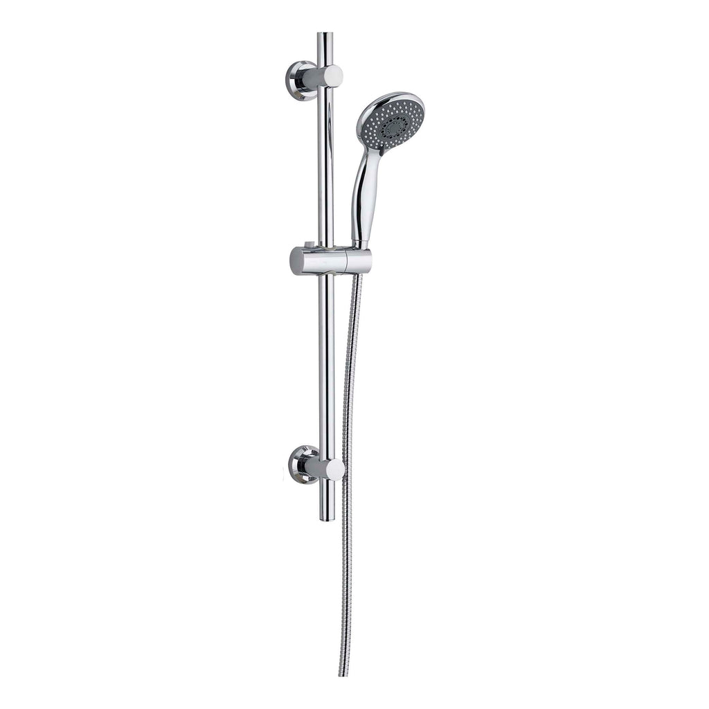 Chrome shower head and rail system for modern bathroom decor, ideal for installation in Bubly Bathrooms. High-quality fixtures for a sleek, contemporary look.