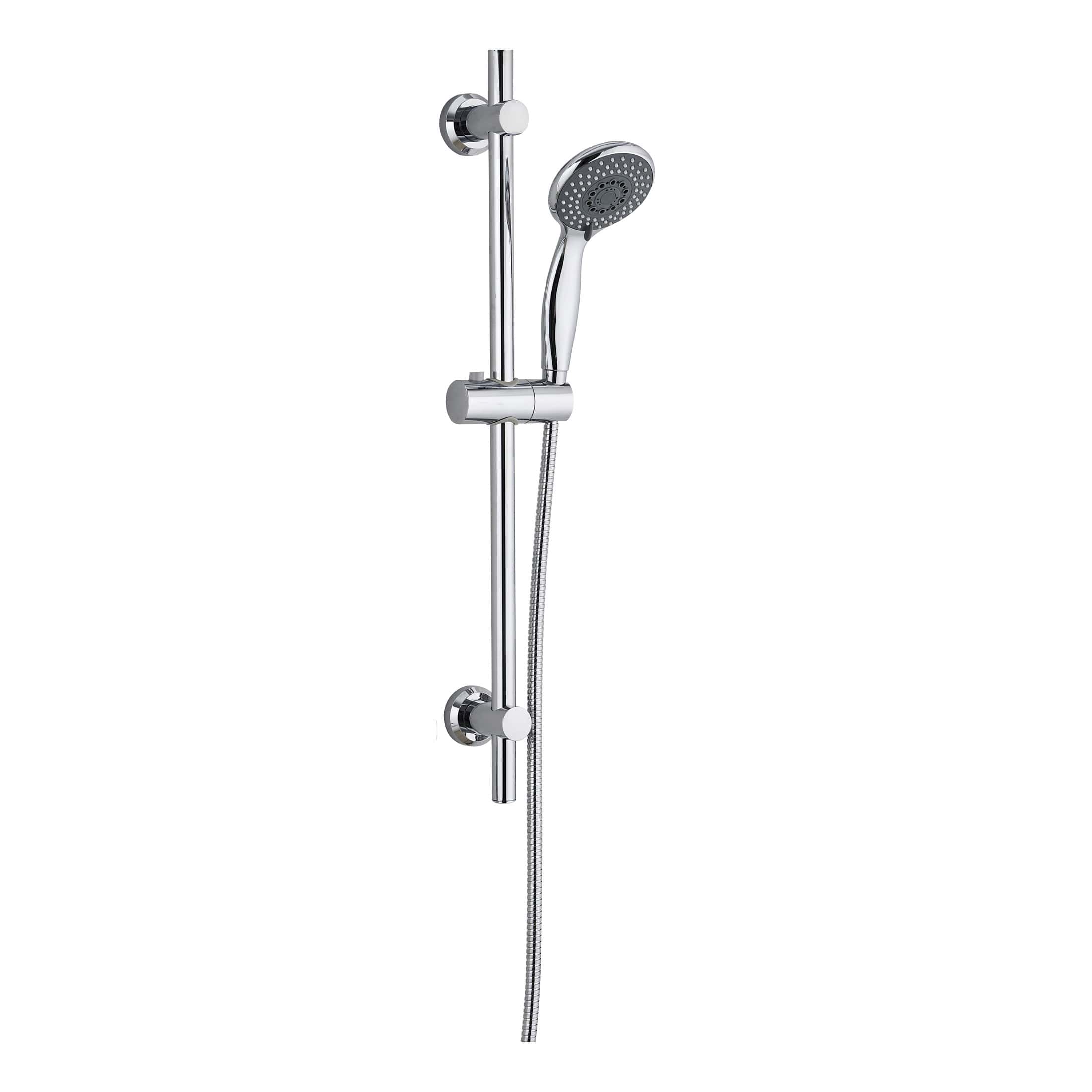 Chrome shower head and rail system for modern bathroom decor, ideal for installation in Bubly Bathrooms. High-quality fixtures for a sleek, contemporary look.