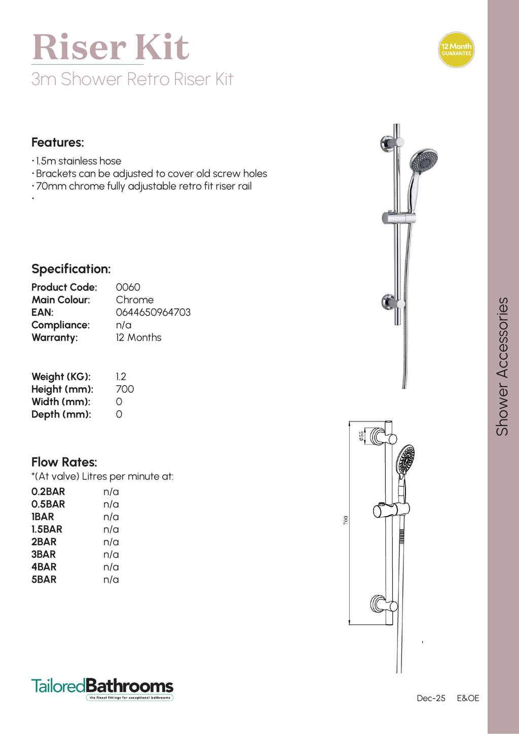 Tailored 3 Function Retro Fit Shower Riser Rail Kit - specification sheet with technical drawing and dimensions