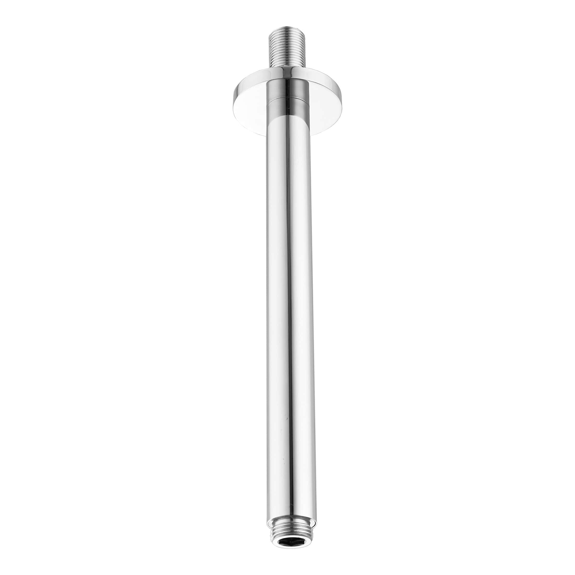 Polished chrome bathroom shower arm for modern plumbing fixtures and accessories.