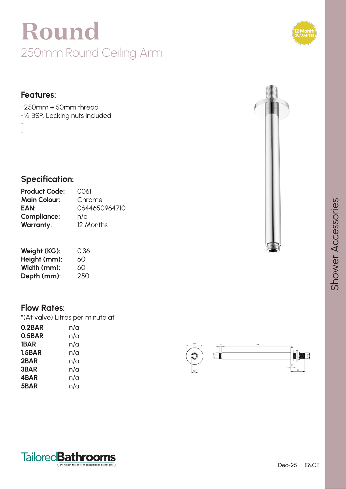 Tailored Round Ceiling Shower Arm - 250mm Long - specification sheet with technical drawing and dimensions