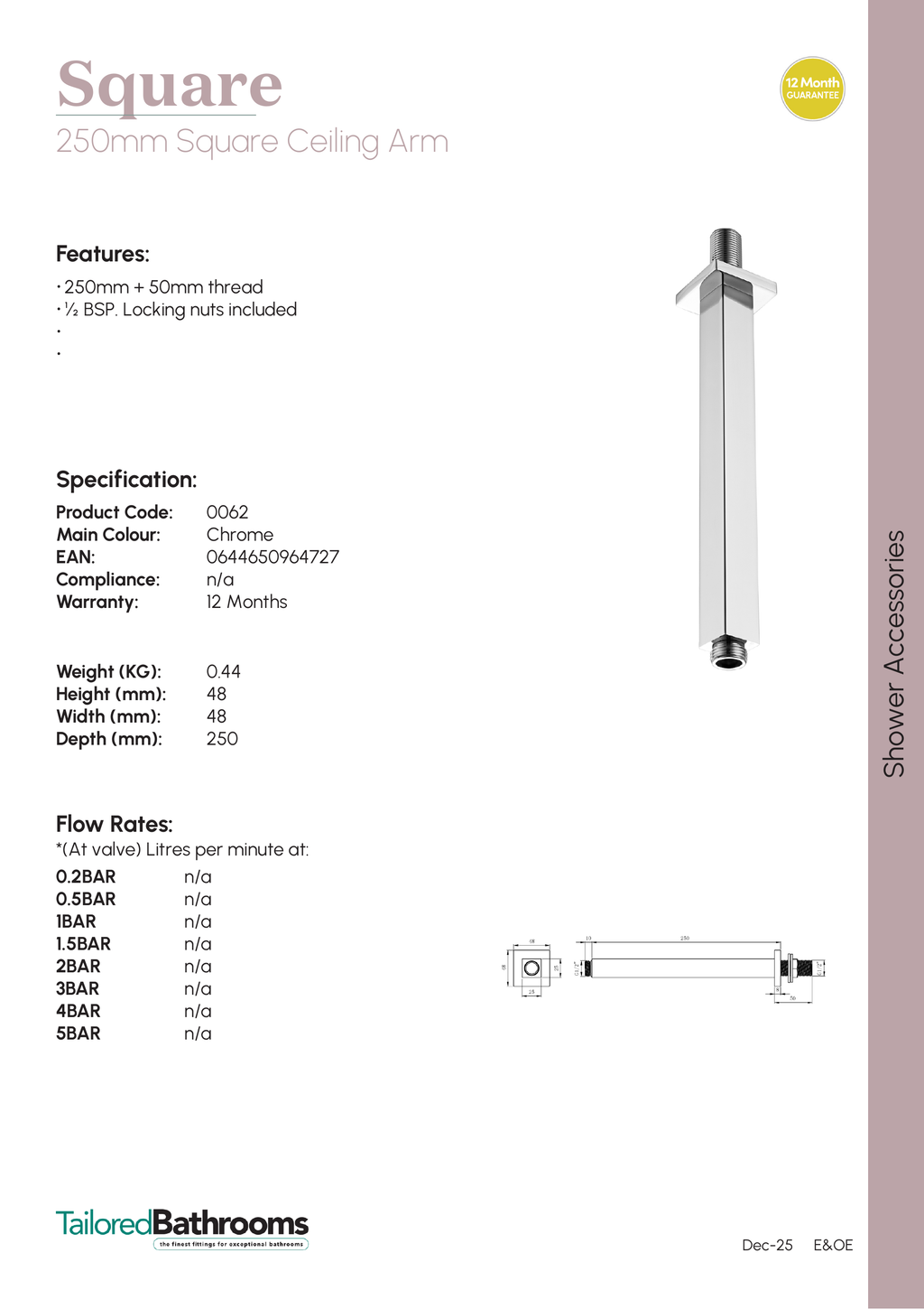 Tailored Square Ceiling Shower Arm - 250mm Long - specification sheet with technical drawing and dimensions