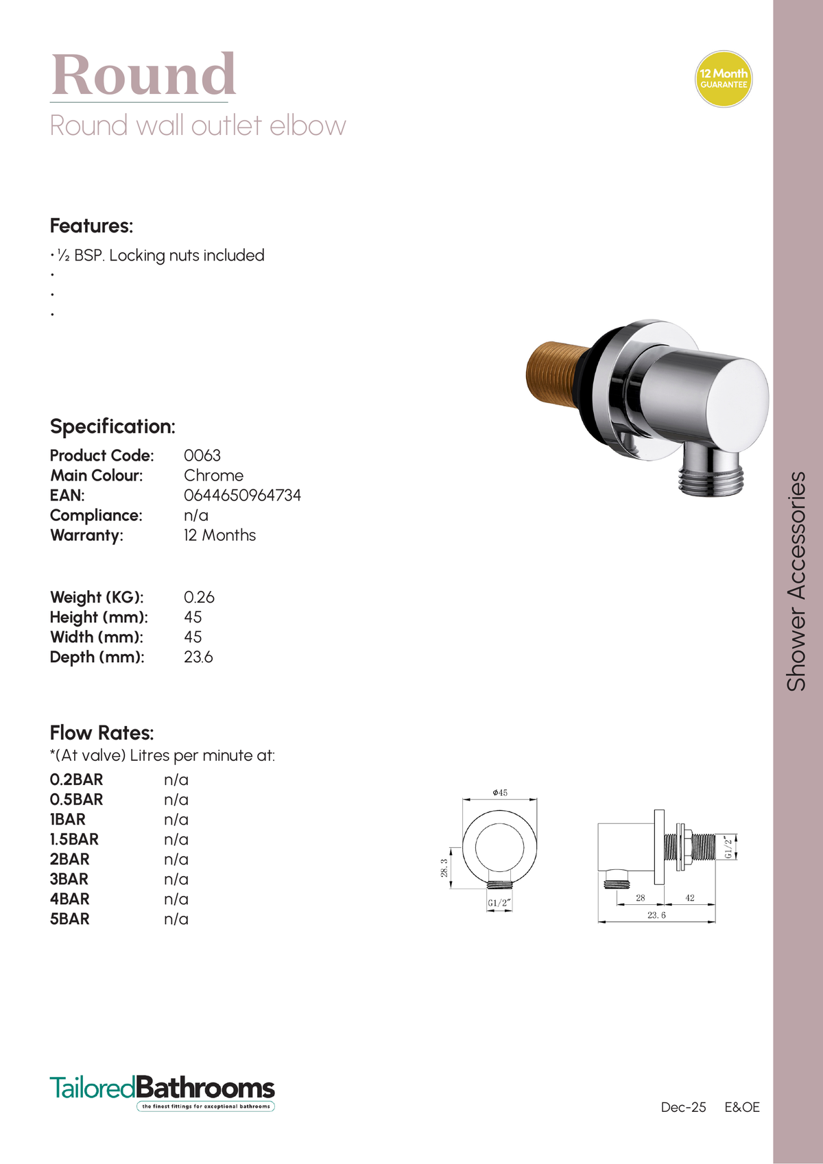 Tailored Round Wall Outlet Elbow - specification sheet with technical drawing and dimensions